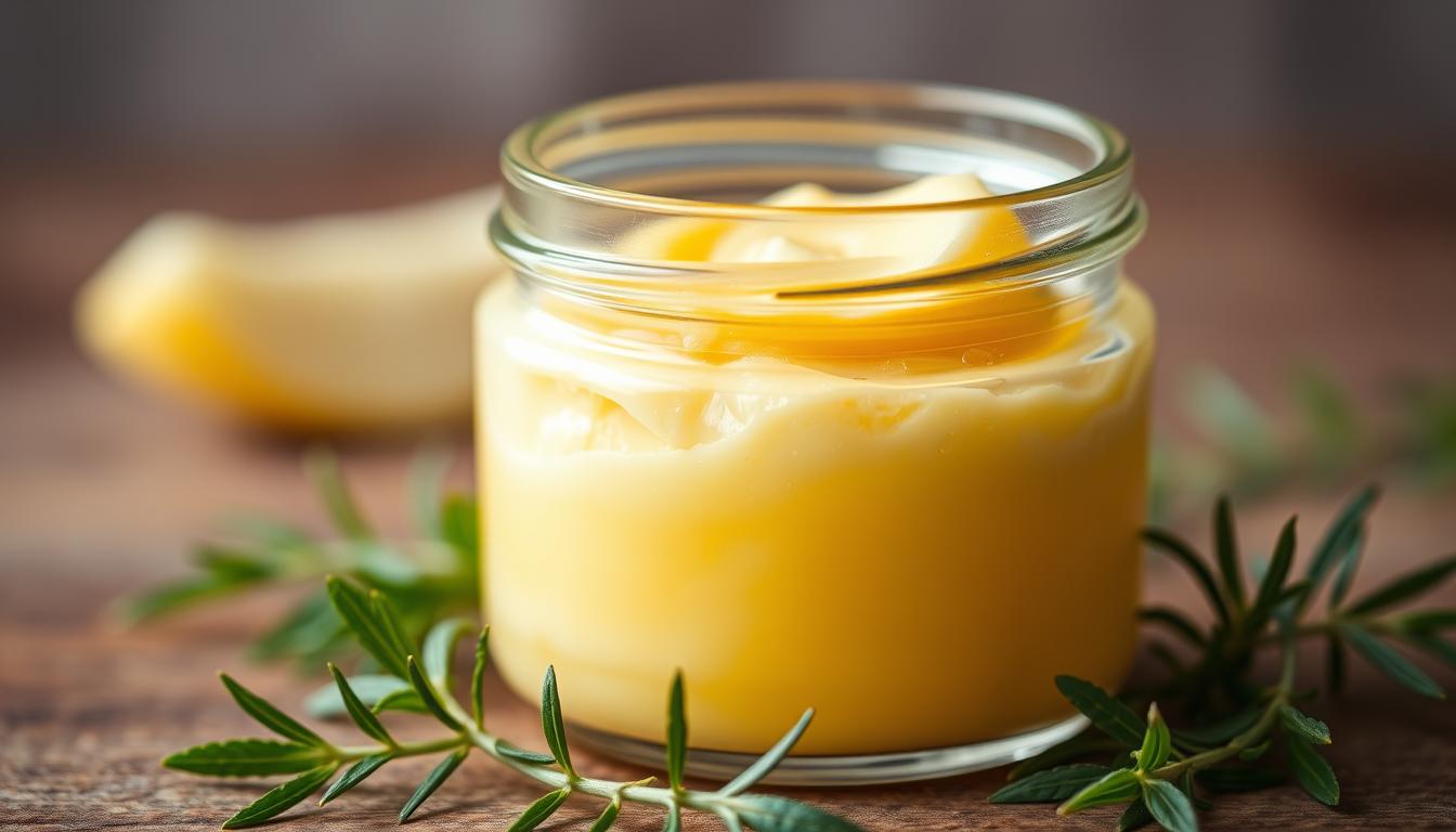 A close-up shot of a small glass jar filled with a soft, creamy natural butter. The butter has a rich, golden-yellow hue and a smooth, glossy texture, reflecting the warm, vibrant lighting. Scattered around the jar are a few sprigs of fresh greenery, such as mint or rosemary, adding a touch of natural elegance. The background is blurred, allowing the jar and its contents to be the focal point, emphasizing the idea of a natural, nourishing skincare product. The overall mood is one of simplicity, purity, and the inherent beauty of natural ingredients.