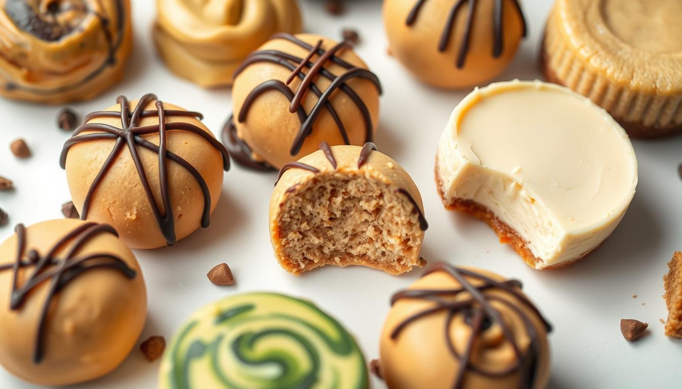 A close-up shot of a variety of keto-friendly desserts, including a peanut butter fat bomb, arranged on a clean, white background. The fat bombs are round, smooth, and golden-brown in color, with a drizzle of dark chocolate on top. Surrounding the fat bombs are other low-carb treats, such as a creamy, avocado-based pudding, and a crustless cheesecake with a rich, creamy texture. The overall scene is well-lit, with soft, diffused lighting that casts gentle shadows, highlighting the vibrant swirling colors and textures of the desserts. The composition is balanced and visually appealing, inviting the viewer to indulge in these guilt-free sweet treats.