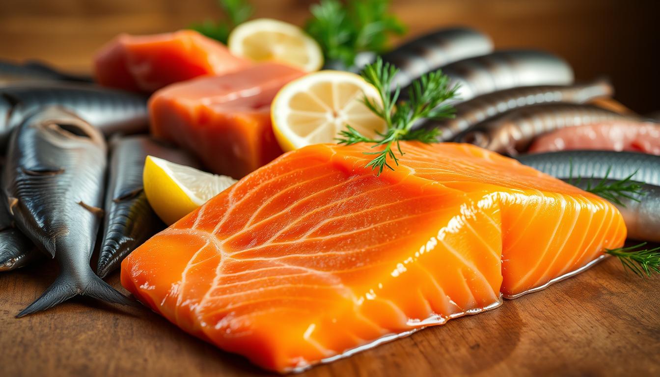 A close-up shot of fresh, vibrant seafood arranged artfully on a wooden table. In the foreground, a juicy, glistening fillet of salmon, its orange-pink hues complemented by the warm, golden lighting. Surrounding it, an array of other fatty fish like mackerel, sardines, and herring, each showcasing its unique texture and color. In the middle ground, sliced lemon wedges and sprigs of dill add a touch of brightness, while the background subtly fades into a warm, rustic ambiance, highlighting the natural, unprocessed nature of these omega-3 powerhouses.