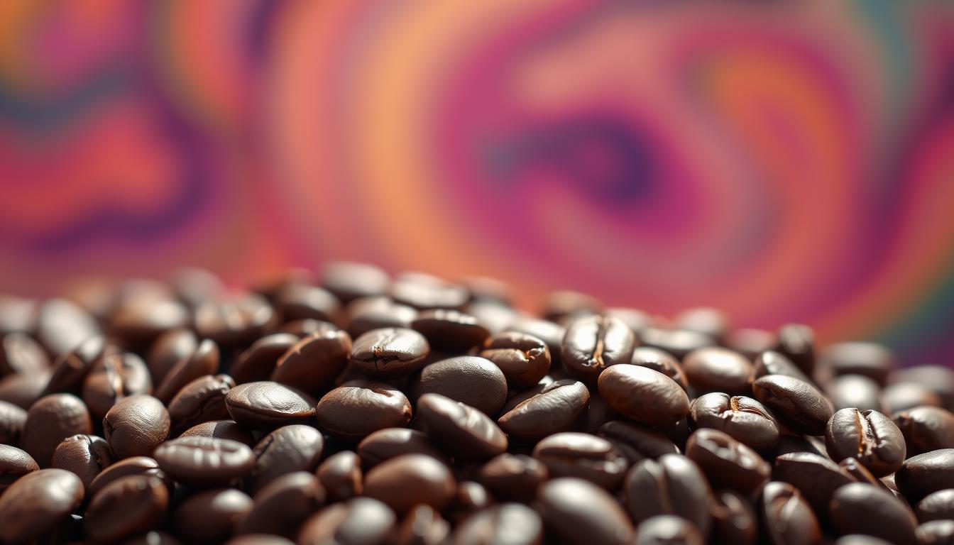 A close-up shot of freshly roasted keto-friendly coffee beans, captured in a warm, natural lighting. The beans are glistening with a rich, oily sheen, their deep brown hues contrasted by vibrant swirling colors in the background. The image has a shallow depth of field, allowing the foreground beans to be in sharp focus while the background blurs into a mesmerizing abstract pattern. The overall mood is one of artisanal quality, highlighting the premium, low-carb nature of these coffee beans.