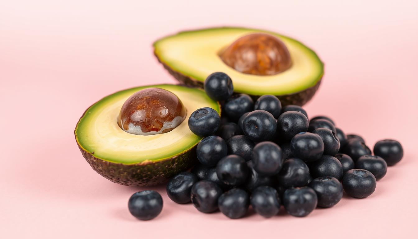 A close-up shot of two halves of a fresh avocado and a pile of plump, juicy blueberries, set against a vibrant, minimalist background. The avocado's rich, creamy texture contrasts with the blueberries' glossy, deep-blue hue, inviting the viewer to explore their nutritional profiles. Soft, diffused lighting accentuates the natural colors and textures, creating a clean, modern aesthetic. The arrangement is positioned to emphasize the visual comparison between these two superfoods, hinting at their unique health benefits. A close-up shot of two halves of a fresh avocado and a pile of plump, juicy blueberries, set against a vibrant, minimalist background. The avocado's rich, creamy texture contrasts with the blueberries' glossy, deep-blue hue, inviting the viewer to explore their nutritional profiles. Soft, diffused lighting accentuates the natural colors and textures, creating a clean, modern aesthetic. The arrangement is positioned to emphasize the visual comparison between these two superfoods, hinting at their unique health benefits.