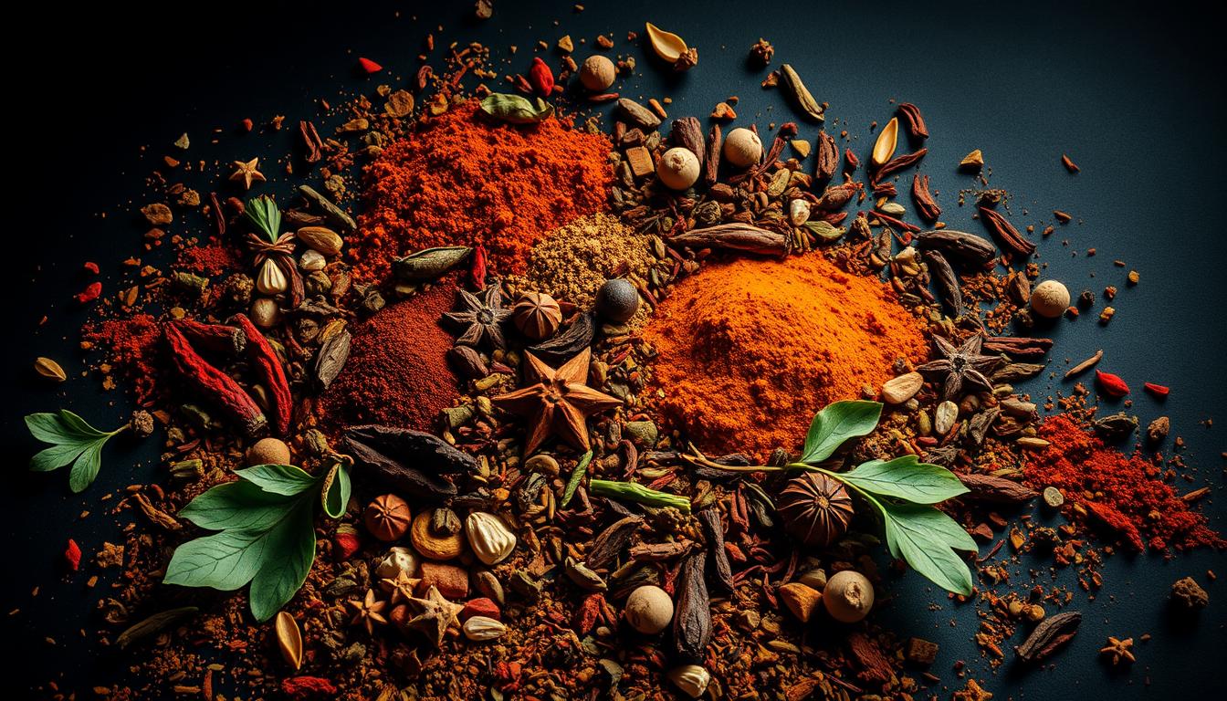 A close-up still life of an assortment of aromatic spices and herbs arranged in a visually striking, kaleidoscopic pattern against a dark, moody background. The spices should include a variety of bold, saturated hues like deep reds, oranges, yellows, and greens, with hints of earthy browns and blacks. The spices should be artfully scattered and swirled together, creating a sense of movement and vibrancy. The lighting should be dramatic, with dramatic shadows and highlights that accentuate the vivid colors and textures of the spices. The overall mood should be rich, flavorful, and evocative of the "flavor bombs" described in the section title.