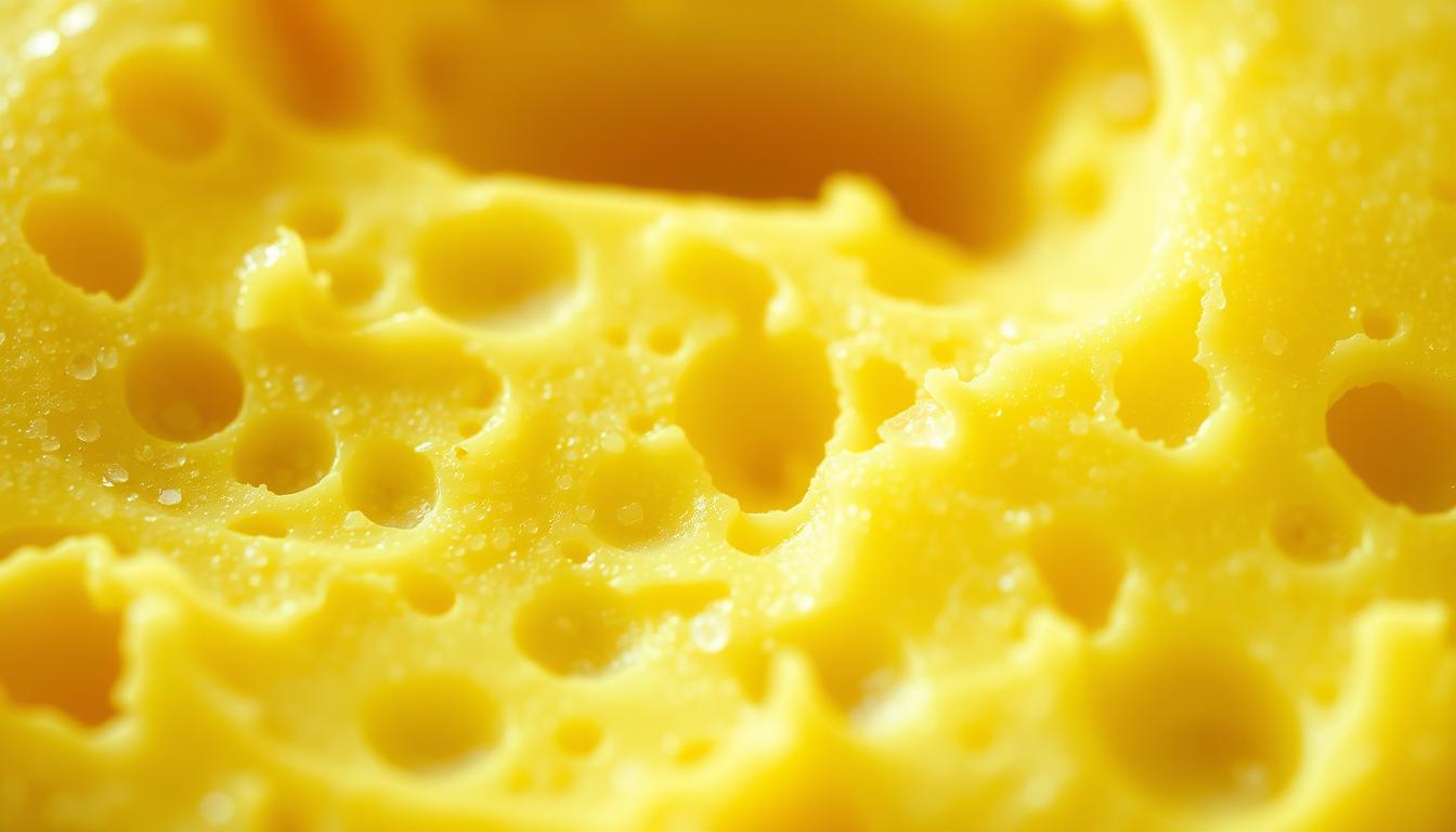 A close-up view of a buttery, golden-yellow cross-section, revealing the intricate network of saturated fat globules. The lighting is soft and warm, accentuating the rich, creamy texture and the subtle variations in hue. The focus is sharp, allowing the viewer to examine the detailed structure of the fat molecules, while the background is pleasantly blurred, creating a vibrant, vivid, and captivating visual experience.