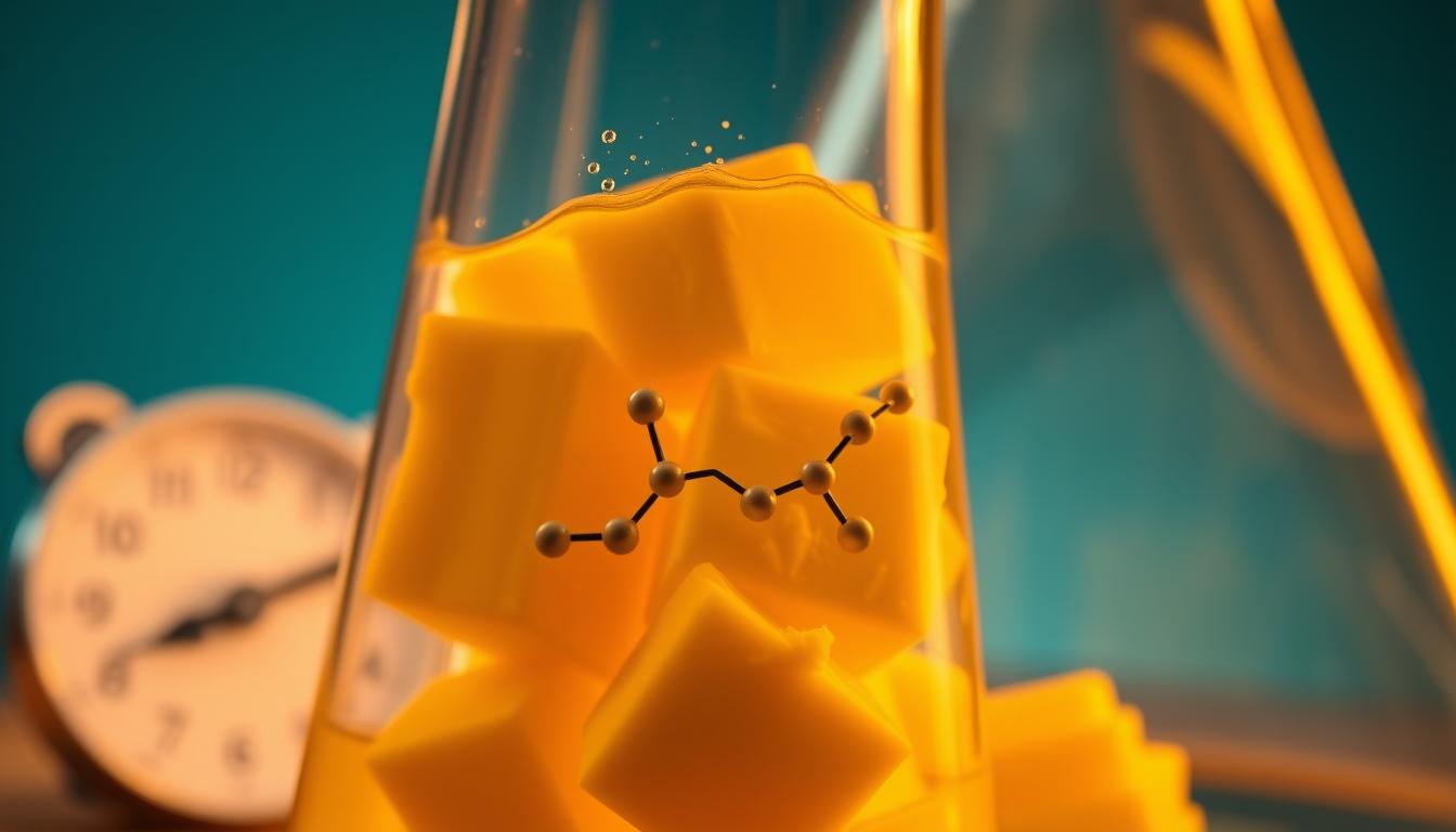 A close-up view of a glass beaker filled with butter, showcasing the molecular structure of conjugated linoleic acid (CLA) and its metabolism within dairy fats. The lighting is warm and vibrant, casting a golden glow on the creamy texture of the butter. The camera angle is slightly tilted, offering a dynamic perspective that emphasizes the complexity of the biochemical processes occurring within. In the background, a blurred, out-of-focus representation of a scale or weighing device, hinting at the potential benefits of CLA for weight management.