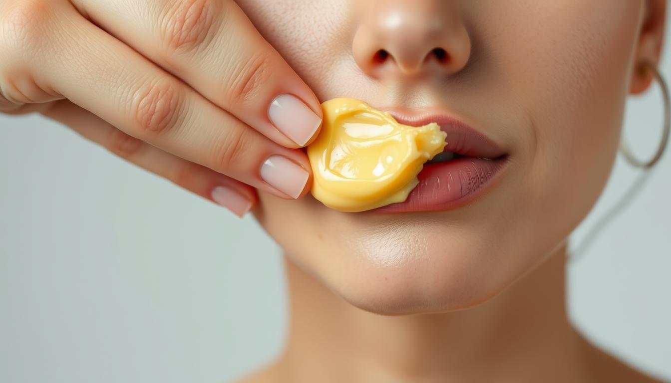 A close-up view of a hand delicately applying a dollop of rich, golden butter onto a smooth, glowing complexion. The skin appears soft and supple, with the butter melting seamlessly into the surface. Subtle yet effective lighting highlights the lustrous texture of the butter, creating a radiant, ethereal glow. The composition is centered and vibrant, with a minimalist background that allows the subject to take center stage. The overall mood is one of luxury, pampering, and the gentle, nourishing power of this versatile ingredient.