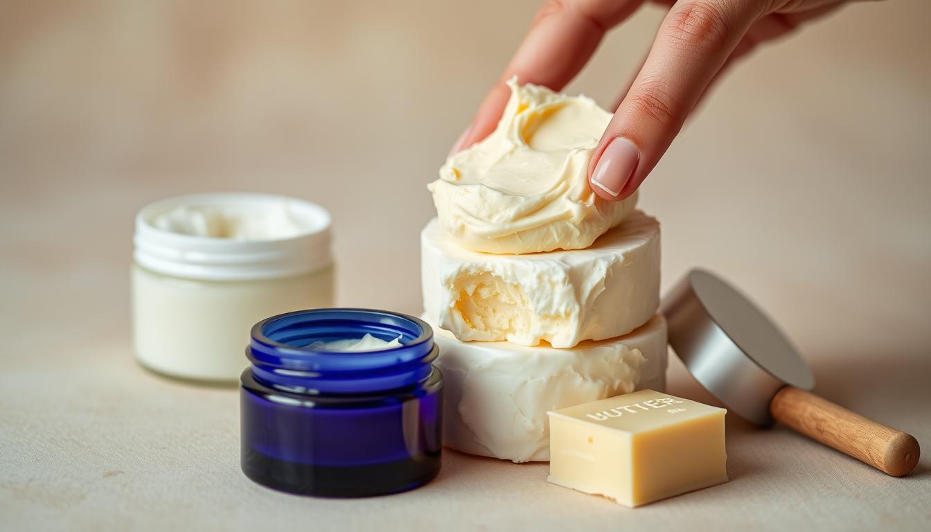 A close-up view of a hand delicately layering various skincare products, including a thick, creamy butter, atop a neutral background. The lighting is soft and diffused, creating a warm, inviting atmosphere. The textures of the products are rendered with meticulous detail, allowing the viewer to envision the vibrant, nourishing experience of incorporating butter into one's existing skincare routine.