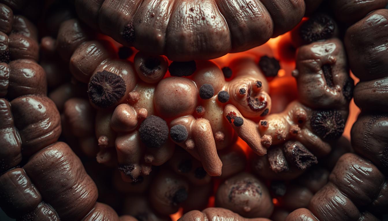 A close-up view of a human gut, its normally vibrant and diverse microbiome disrupted, with visible signs of imbalance. Dull, discolored patches and blotchy textures populate the intestinal lining, hinting at inflammation and dysbiosis. Shadowy outlines of distressed microbial colonies hint at the diminished diversity. Soft, hazy lighting casts a somber, unsettling mood, as if the gut itself is ill at ease. The composition emphasizes the intimate, visceral nature of this internal landscape, inviting the viewer to consider the complex web of factors that can unsettle the delicate microbial balance within.