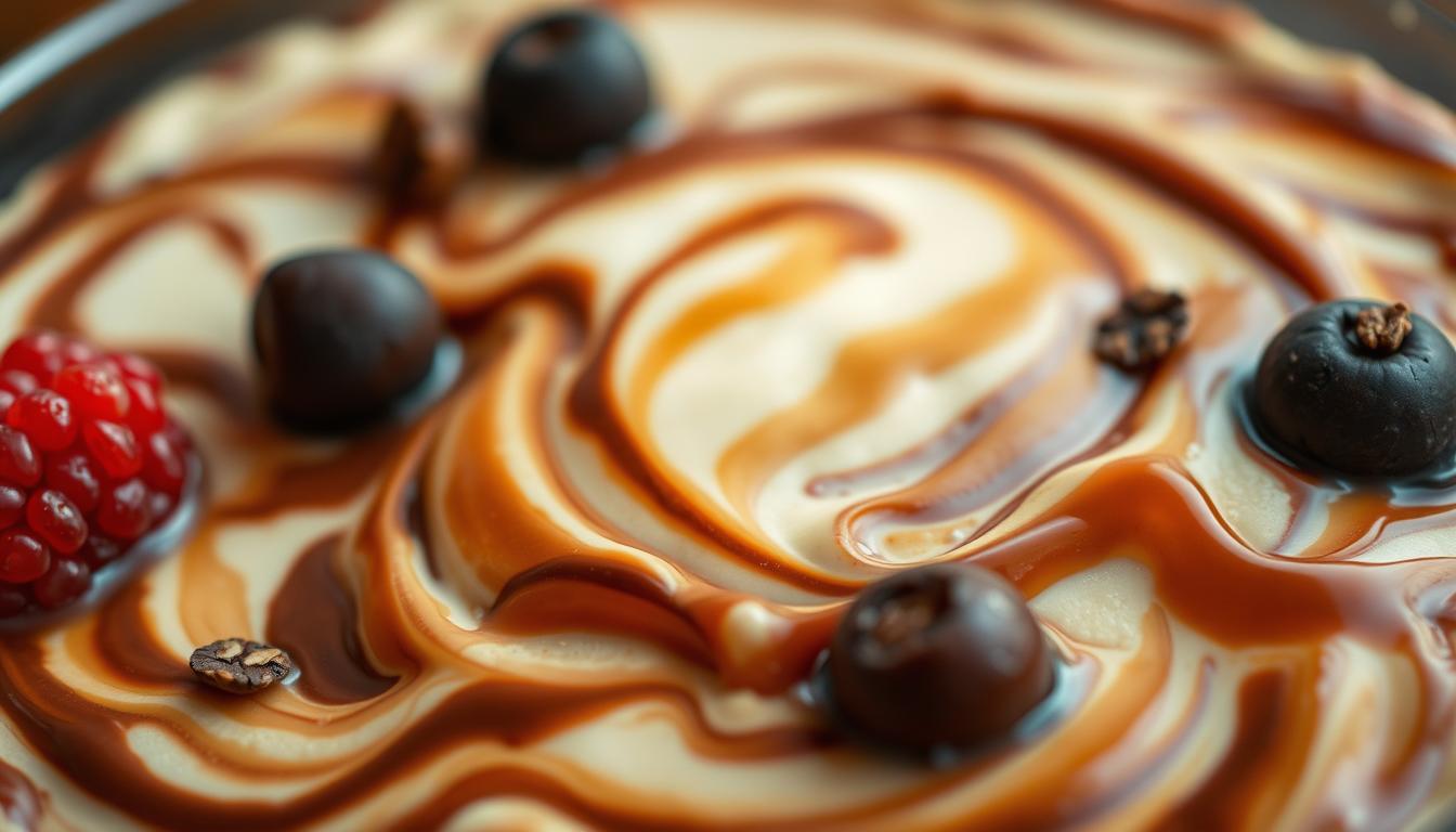 A close-up view of a luscious low-carb dessert, its creamy texture swirling with vibrant shades of chocolate, caramel, and fresh berries. Captured under warm, softly diffused lighting that accentuates the rich, indulgent nature of the dish. The composition emphasizes the interplay of textures, from the smooth creaminess to the subtle crunch of toasted nuts or seeds. The overall mood is one of temptation and satisfaction, inviting the viewer to imagine the delightful sensations of enjoying this guilt-free treat.