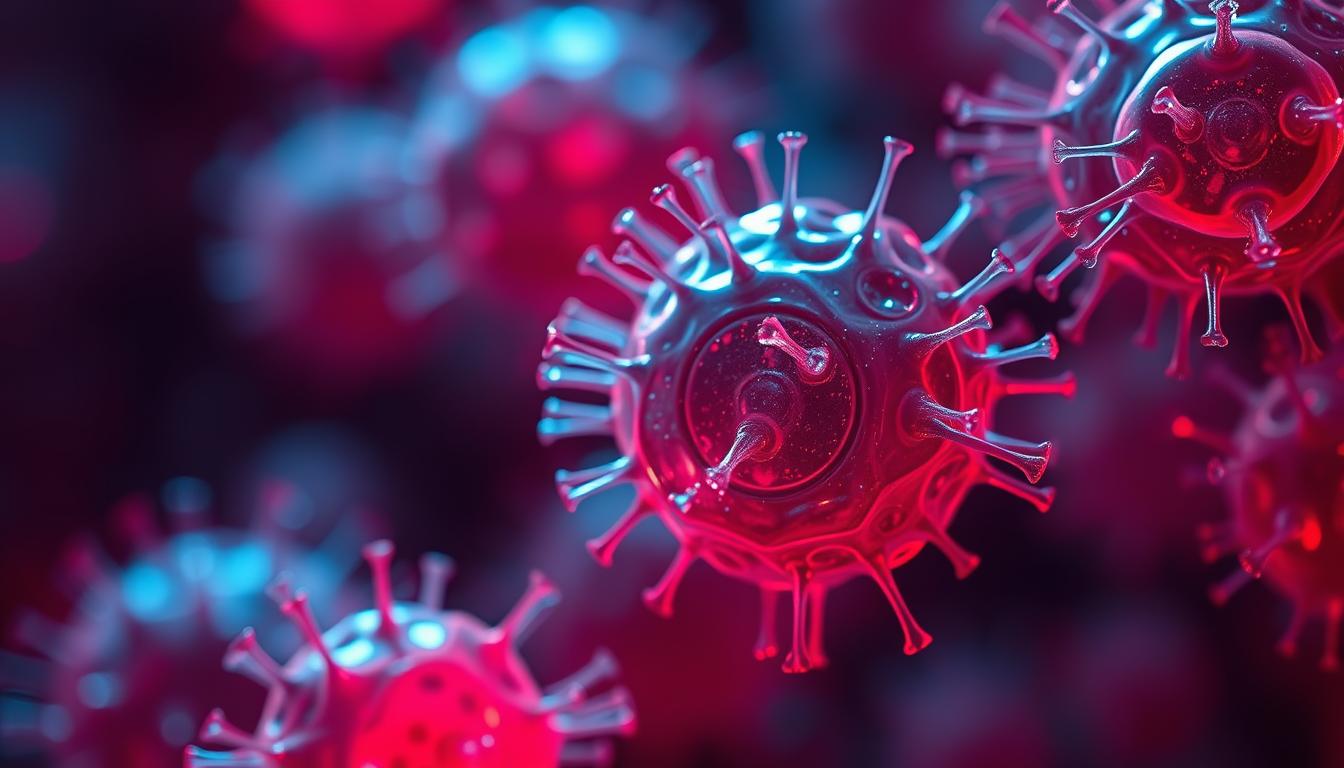 A close-up view of human cells undergoing cellular repair, illuminated by a warm, vibrant red light. The cells are shown in intricate detail, with their delicate structures and organelles clearly visible. The background is out of focus, creating a sense of depth and emphasis on the cellular activity. The lighting is soft and directional, casting a gentle glow on the cells and highlighting their intricate workings. The overall mood is one of scientific wonder and the restorative power of light therapy.