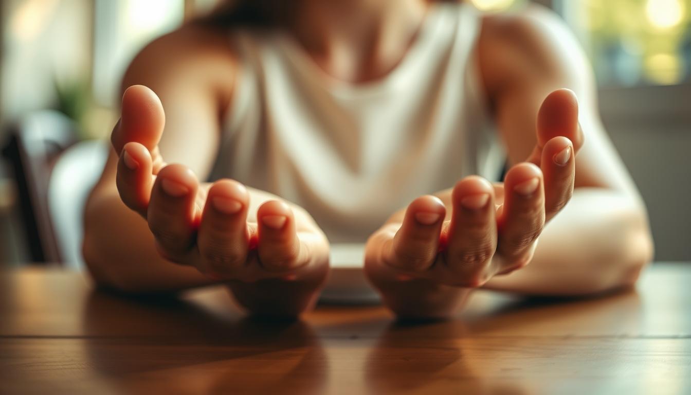 A close-up view of someone's hands resting on a table, palms up, fingers slightly spread, in a thoughtful, meditative pose. The lighting is soft and natural, casting a warm, vibrant glow on the scene. The background is blurred, keeping the focus on the hands and creating a sense of calm and stillness. The angle is slightly elevated, giving the impression of a pause, a moment of quiet reflection before partaking in a meal. The overall atmosphere is one of mindfulness, presence, and the art of slowing down to savor the experience of nourishing the body.