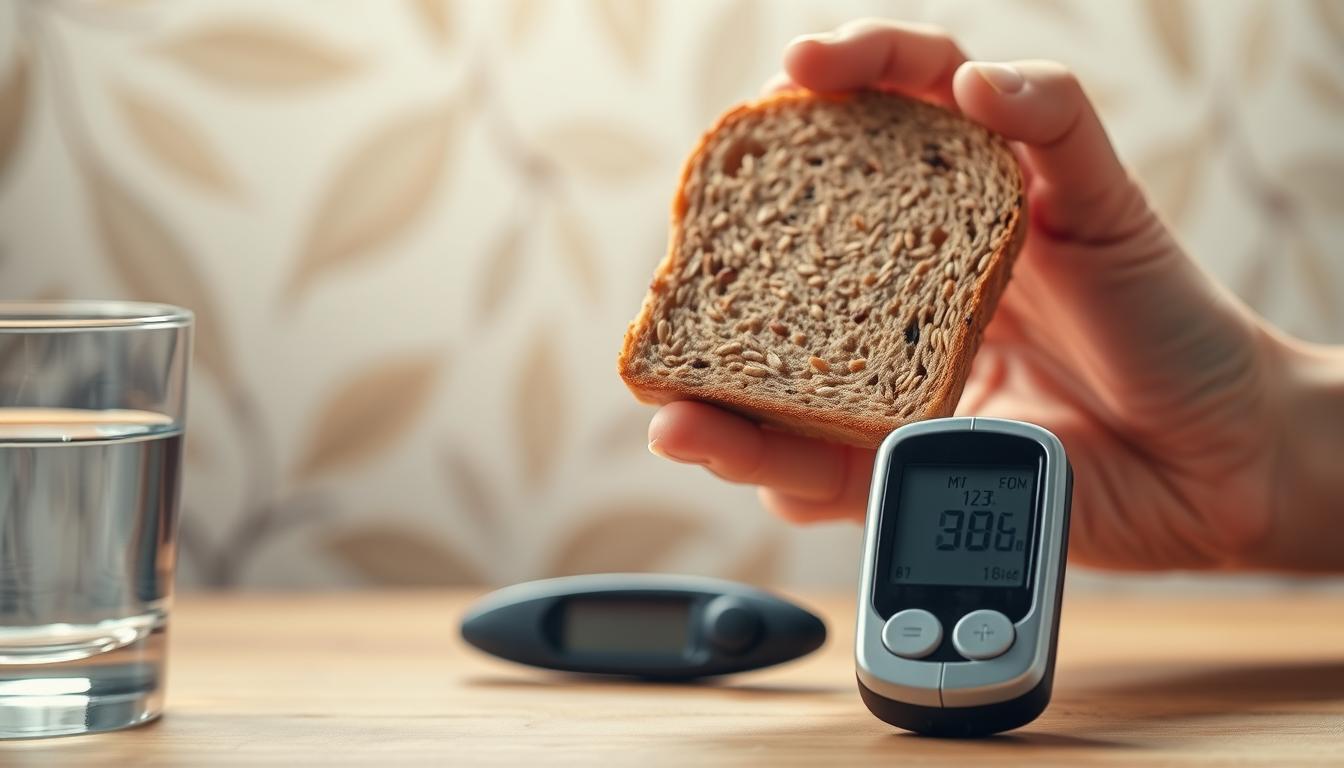 A closeup view of a hand holding a slice of whole grain bread, casting a warm, vibrant glow from a soft, directional light source. In the foreground, a glass of water and a blood glucose monitor display a stable, healthy reading, symbolizing the connection between dietary fiber and blood sugar control. The background features a subtly blurred, abstract pattern of organic shapes and textures, creating a sense of balance and natural harmony.