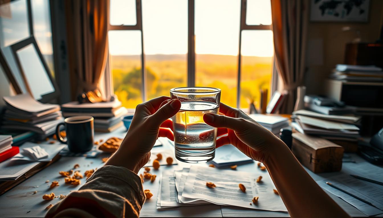 A cluttered desk with scattered papers, half-eaten snacks, and a mug of coffee, all illuminated by soft, warm lighting. In the foreground, a person's hands hold a clear glass of water, a symbol of self-control and discipline. The background features a large window overlooking a serene, vibrant natural landscape, suggesting the need to step away from temptation and find balance. The overall mood is one of contemplation and the struggle to overcome cravings, with a sense of hope and the possibility of finding a solution.