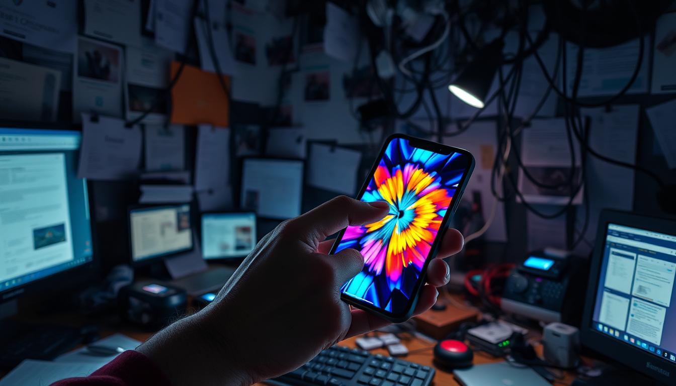 A cluttered desktop with countless windows, notifications, and digital distractions. Dim lighting casts a sense of exhaustion, while a weary hand grasps a smartphone, its screen a vibrant, ever-changing kaleidoscope. In the background, a tangle of wires and devices symbolize the overwhelming nature of modern technology. The overall scene conveys a feeling of digital overload, a need for a restorative digital detox to recenter and recharge.