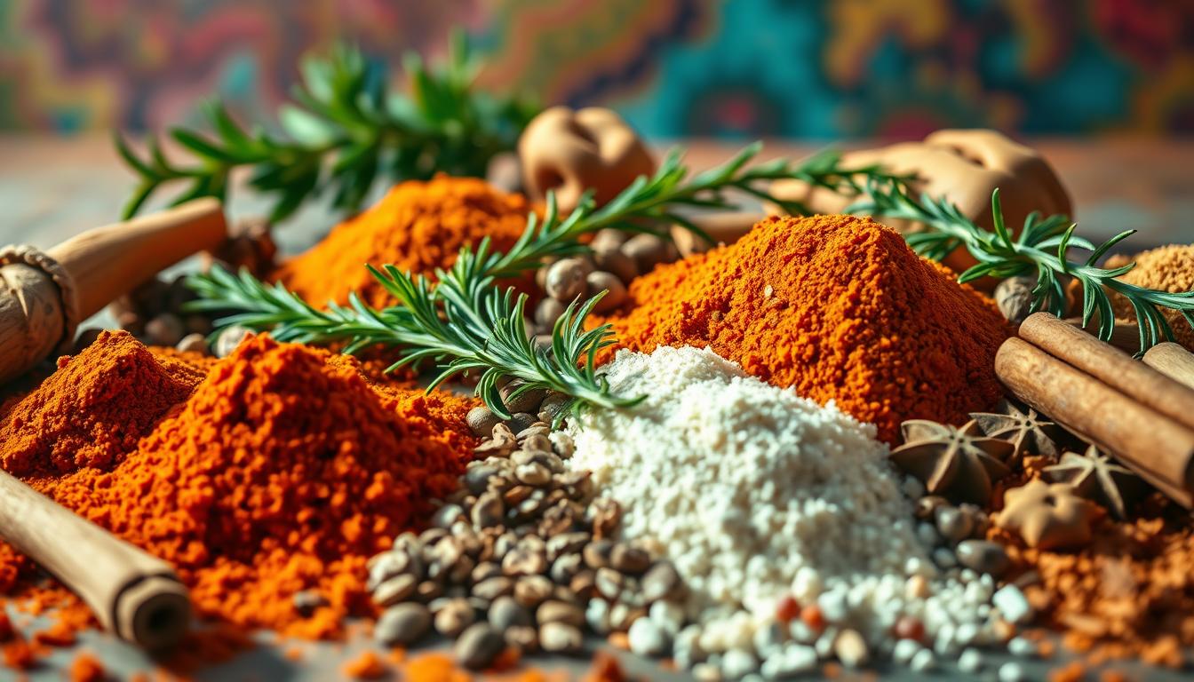 A colorful and vibrant still life scene showcasing an assortment of aromatic spices, herbs, and low-carb ingredients. The foreground features a variety of whole and ground spices, such as turmeric, cumin, paprika, and cinnamon, arranged in a dynamic, swirling composition. In the middle ground, fresh herbs like rosemary, thyme, and oregano are displayed, their lush green hues contrasting with the warm, earthy tones of the spices. The background is a soft, blurred backdrop of vibrant colors, evoking a sense of global flavors and culinary exploration. The lighting is warm and natural, casting shadows that add depth and dimension to the scene. The overall mood is one of inviting aromas, bold flavors, and the delightful diversity of low-carb cooking.