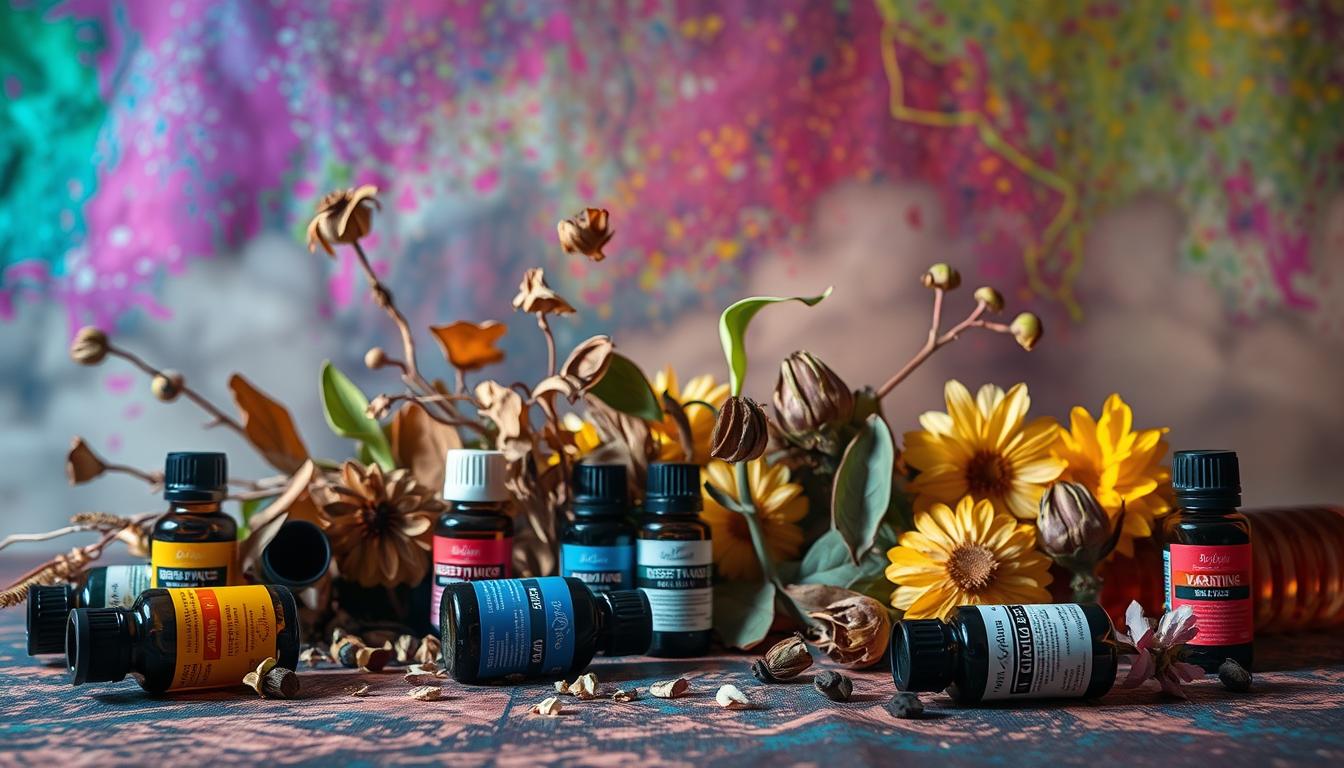 A colorful still life depicting the potential side effects of essential oils. In the foreground, an assortment of essential oil bottles, some with warning labels, lie scattered against a vibrant, textured backdrop. The middle ground features various botanical elements, such as wilted leaves and dried flowers, hinting at the potential risks. The background is a hazy, dreamlike scene, evoking a sense of unease and caution. Dramatic lighting casts dramatic shadows, creating a sense of depth and heightening the visual impact. The overall composition conveys a sense of precaution and the need for responsible use of these powerful natural remedies.