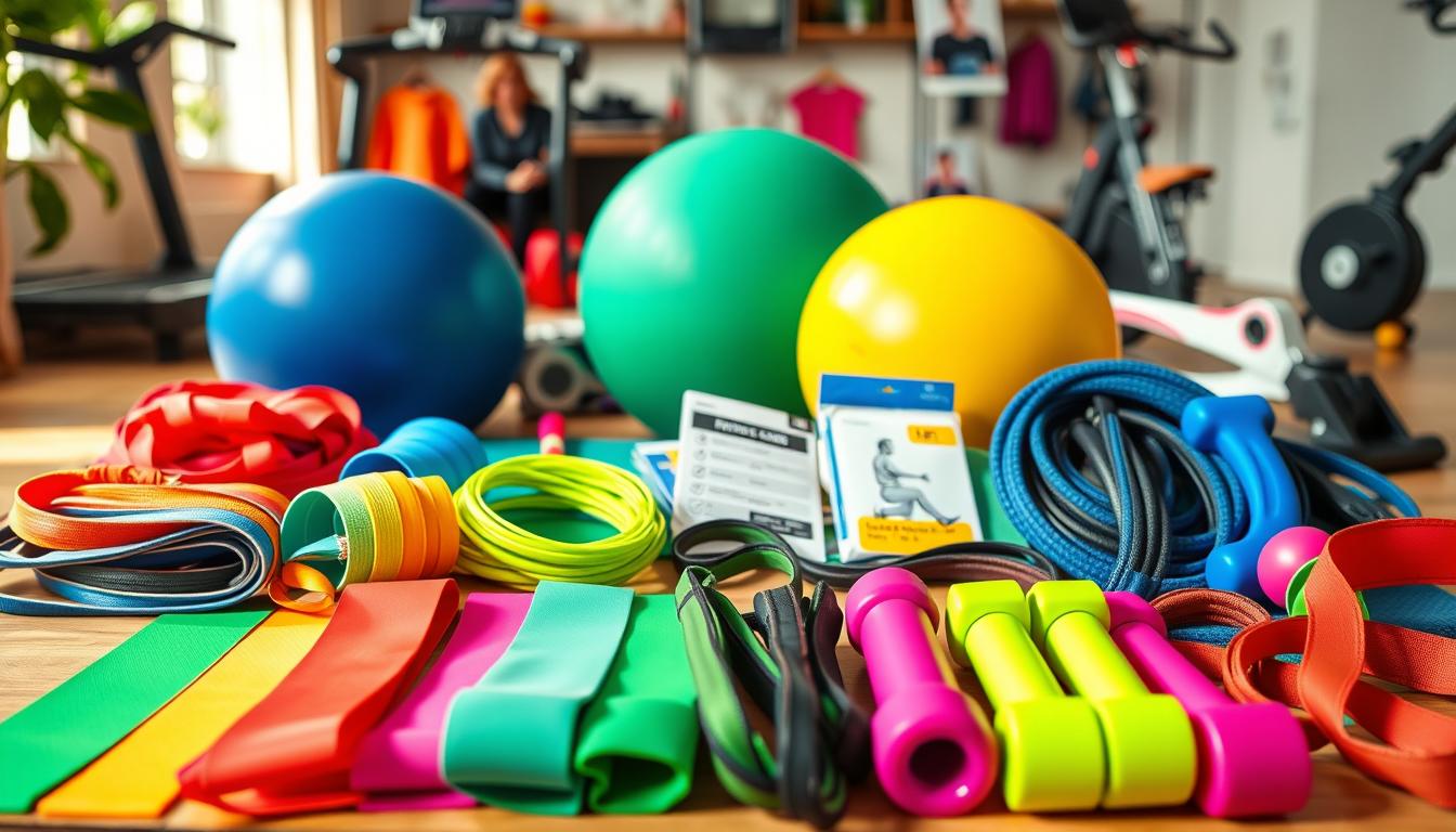 A colorful, vibrant arrangement of various "movement snacks" - compact, portable physical activities that can be easily incorporated into daily routines. In the foreground, resistance bands, jump ropes, and hand weights are neatly organized. The middle ground features a yoga mat, a stability ball, and a set of exercise cards. In the background, a glimpse of a treadmill, exercise bike, and other compact fitness equipment. Soft, warm lighting casts a natural glow, highlighting the varied textures and shapes of the fitness items. The overall mood is energetic and inspiring, inviting the viewer to explore these types of accessible, on-the-go movement snacks.