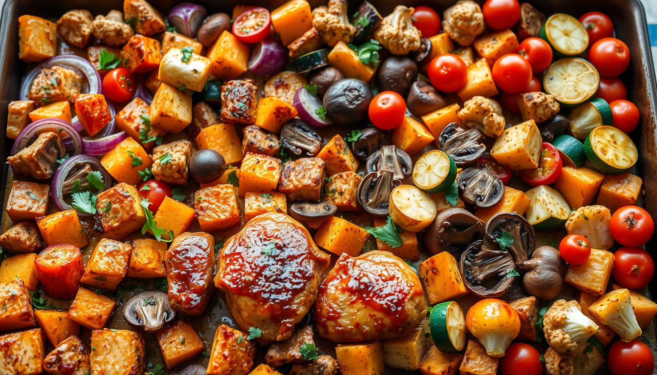 A colorful, vibrant sheet pan filled with an international array of roasted vegetables, lean proteins, and global spices. In the foreground, tender chicken thighs, marinated in a rich tandoori-inspired sauce, sizzle alongside chunks of sweet potato, red onion, and bell peppers. In the middle, crisp-edged tofu cubes and earthy roasted mushrooms create a textural contrast. The background features a scattered medley of rainbow-hued cauliflower florets, zucchini coins, and cherry tomatoes, all drizzled with a fragrant lemon-herb dressing. Warm, mouthwatering aromas waft through the frame, illuminated by the soft glow of natural lighting and a slight vignette effect. This dynamic, globally-inspired sheet pan dinner captures the essence of effortless, low-carb culinary exploration.