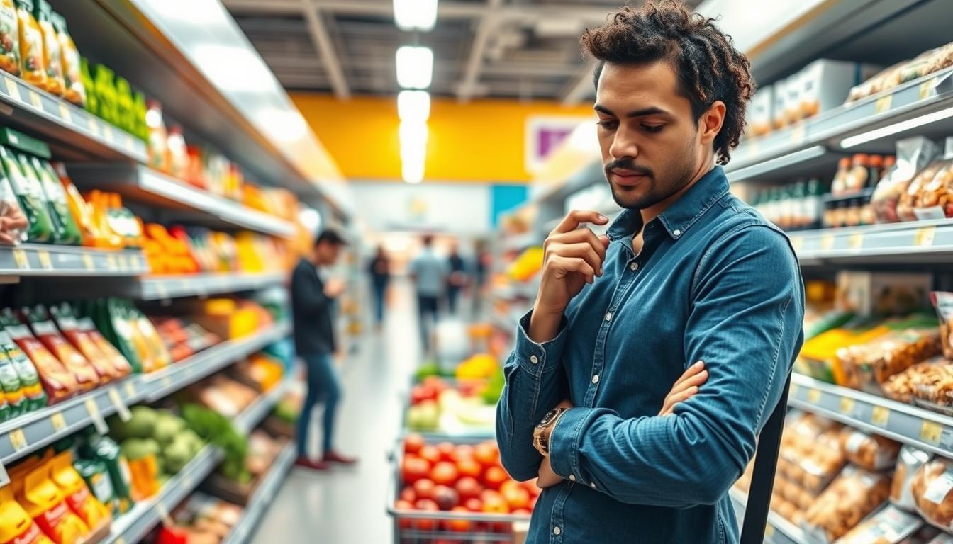 A colorful, well-lit grocery store aisle, featuring a thoughtful shopper engaged in mindful eating strategies. In the foreground, the shopper carefully examines the nutrition labels on various food items, making conscious choices. The middle ground showcases an array of fresh produce, whole grains, and lean protein options, framed by clean, minimalist shelving. The background subtly depicts other shoppers going about their routines, conveying a sense of a vibrant, yet calming environment. The overall scene emanates a mood of focused intention, wellness, and a vibrant, health-conscious mindset. A colorful, well-lit grocery store aisle, featuring a thoughtful shopper engaged in mindful eating strategies. In the foreground, the shopper carefully examines the nutrition labels on various food items, making conscious choices. The middle ground showcases an array of fresh produce, whole grains, and lean protein options, framed by clean, minimalist shelving. The background subtly depicts other shoppers going about their routines, conveying a sense of a vibrant, yet calming environment. The overall scene emanates a mood of focused intention, wellness, and a vibrant, health-conscious mindset.