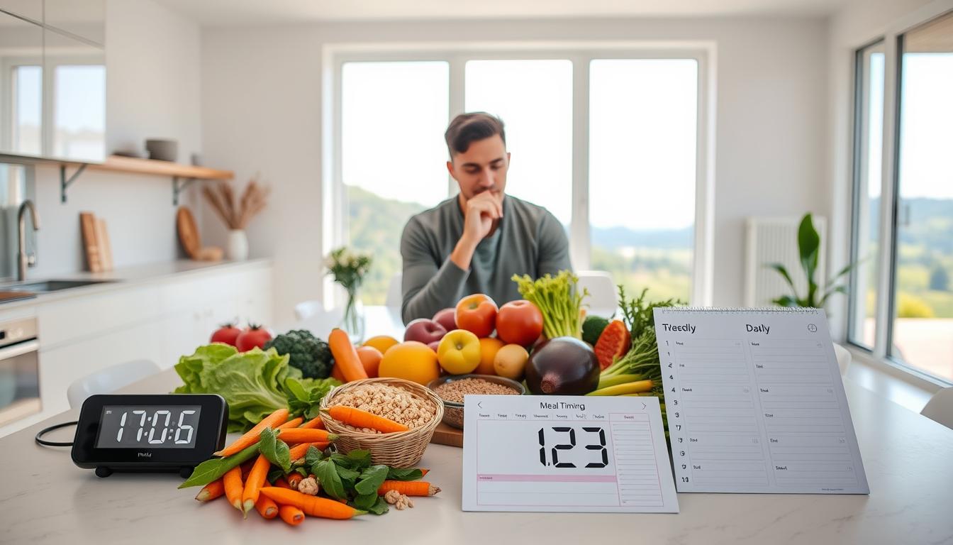 A contemporary kitchen scene with a minimalist, brightly lit interior. In the foreground, a table is set with various meal timing aids - a digital timer, a meal prep planner, and a daily schedule. Vibrant produce, whole grains, and lean proteins are arranged in an organized manner, representing balanced nutrition. The middle ground showcases a person sitting at the table, deep in thought, considering their meal timing strategy. The background features large windows overlooking a serene outdoor landscape, evoking a sense of calm and mindfulness. The overall atmosphere is one of organization, intention, and a holistic approach to wellness. A contemporary kitchen scene with a minimalist, brightly lit interior. In the foreground, a table is set with various meal timing aids - a digital timer, a meal prep planner, and a daily schedule. Vibrant produce, whole grains, and lean proteins are arranged in an organized manner, representing balanced nutrition. The middle ground showcases a person sitting at the table, deep in thought, considering their meal timing strategy. The background features large windows overlooking a serene outdoor landscape, evoking a sense of calm and mindfulness. The overall atmosphere is one of organization, intention, and a holistic approach to wellness.