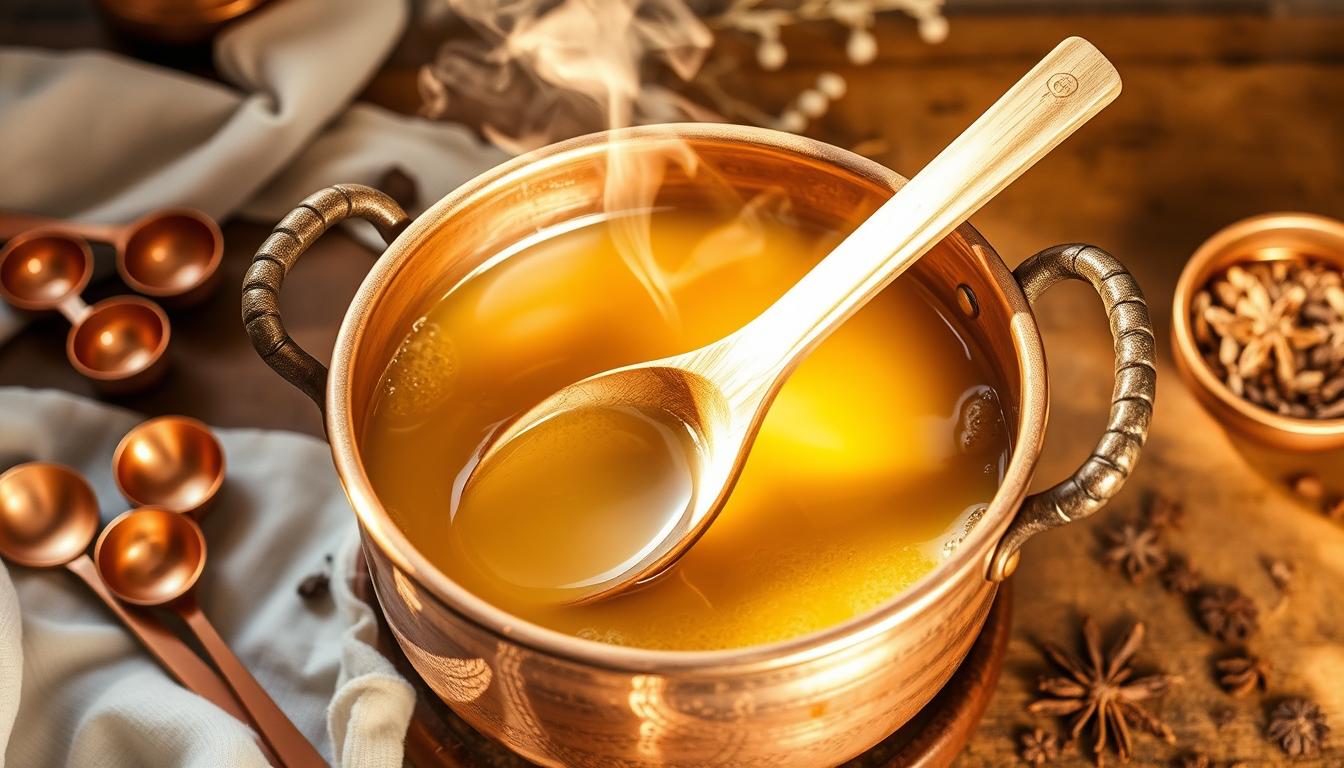 A copper vessel on a wooden table, filled with simmering golden ghee. Wisps of fragrant steam rise, illuminated by warm, natural lighting. In the foreground, a wooden spoon carefully stirs the bubbling liquid, revealing the traditional method of ghee preparation. The scene is surrounded by carefully arranged copper measuring spoons, a cloth, and a small dish of whole spices, adding to the authentic, Ayurvedic atmosphere. The overall mood is one of tranquility, tradition, and a connection to ancient culinary wisdom.