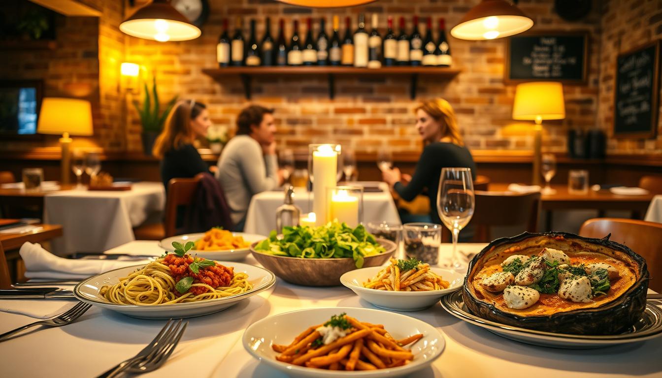 A cozy Italian restaurant with low-carb options, bathed in warm golden light from strategically placed lamps. In the foreground, a table adorned with crisp white linen, gleaming silverware, and a centerpiece of fresh herbs and lemon slices. Across the table, a display of various low-carb dishes: a zucchini noodle bolognese, a crisp salad with grilled chicken and balsamic dressing, and a hearty portobello mushroom cap stuffed with ricotta and spinach. In the middle ground, well-dressed diners converse animatedly, their faces lit by the soft glow of candlelight. The background showcases a rustic brick wall, with shelves displaying vintage wine bottles and a small chalkboard menu highlighting the restaurant's low-carb specialties. The overall atmosphere is one of cozy elegance, inviting the viewer to imagine a delightful low-carb Italian dining experience.