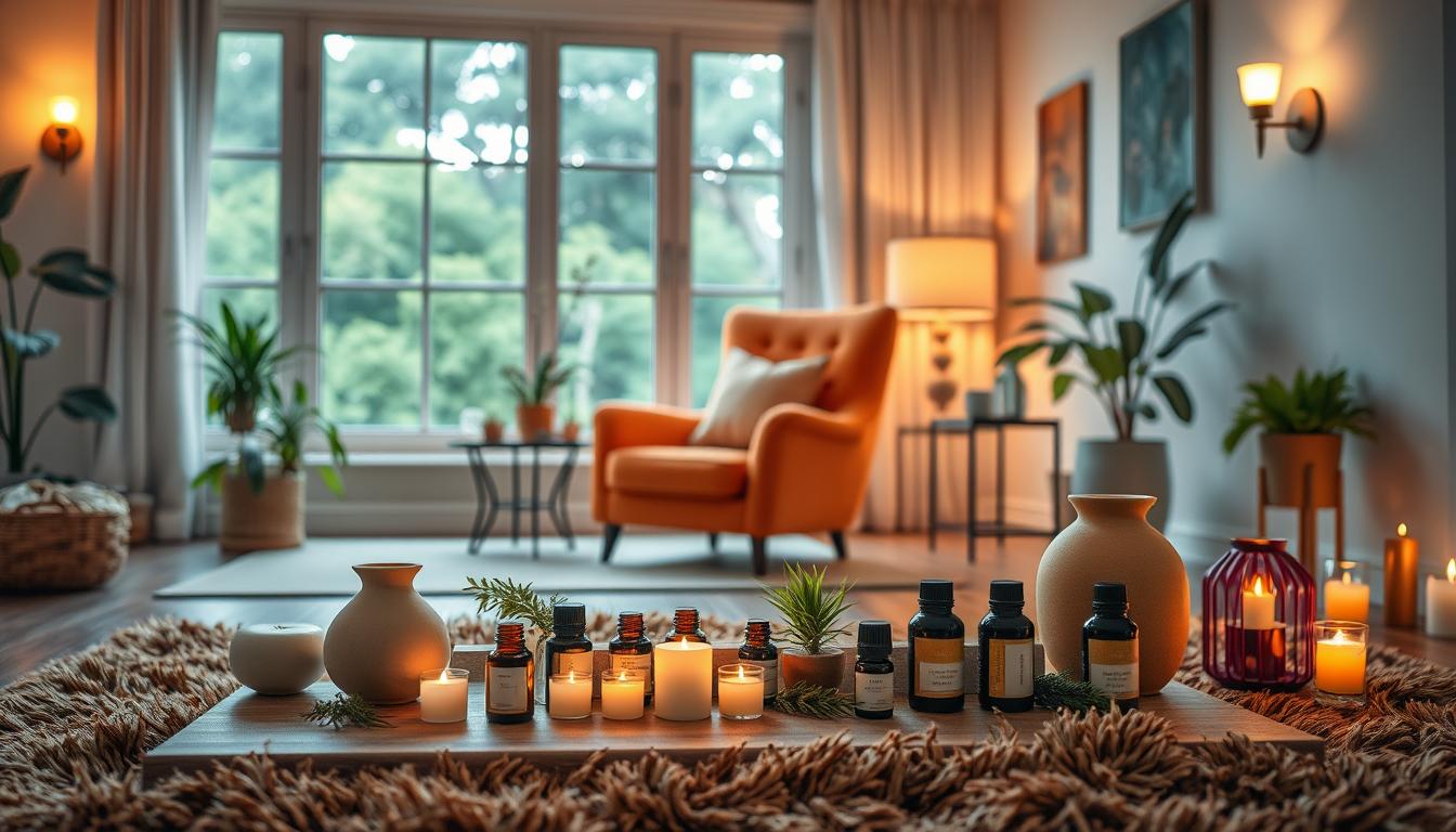 A cozy and inviting home sanctuary with various aromatherapy elements. In the foreground, a plush, earthy-toned rug and a low coffee table with an assortment of essential oil diffusers, candles, and fresh herbs. The middle ground features a comfortable, vibrant armchair and a side table with a beautiful potted plant. Soft, warm lighting from table lamps and wall sconces create a serene ambiance. The background showcases a large window overlooking a lush, tranquil outdoor scene, allowing natural light to filter in. The overall atmosphere is calming, rejuvenating, and conducive to mindfulness and wellness.