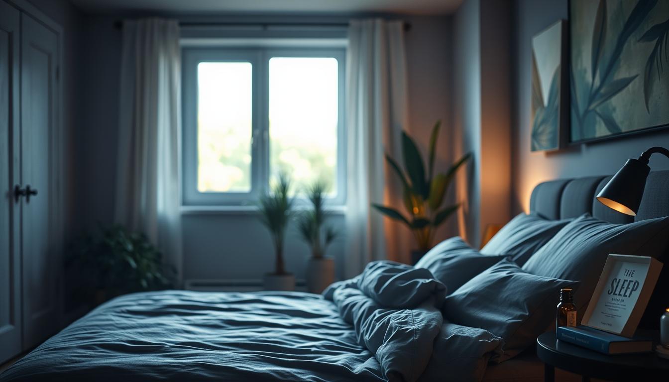 A cozy bedroom, dimly lit with warm, soft lighting, creating a serene atmosphere. In the foreground, an adjustable bed with plush bedding in shades of blue and gray, inviting restful sleep. Beside the bed, a nightstand with a soothing essential oil diffuser and a book on sleep optimization. The middle ground features a large window, allowing in a gentle glow of natural light, hinting at the vibrant world outside. In the background, hints of lush greenery and a calming, abstract wall art piece, all contributing to a sense of tranquility and balance. The overall mood is one of peaceful relaxation, promoting the optimization of sleep quality.