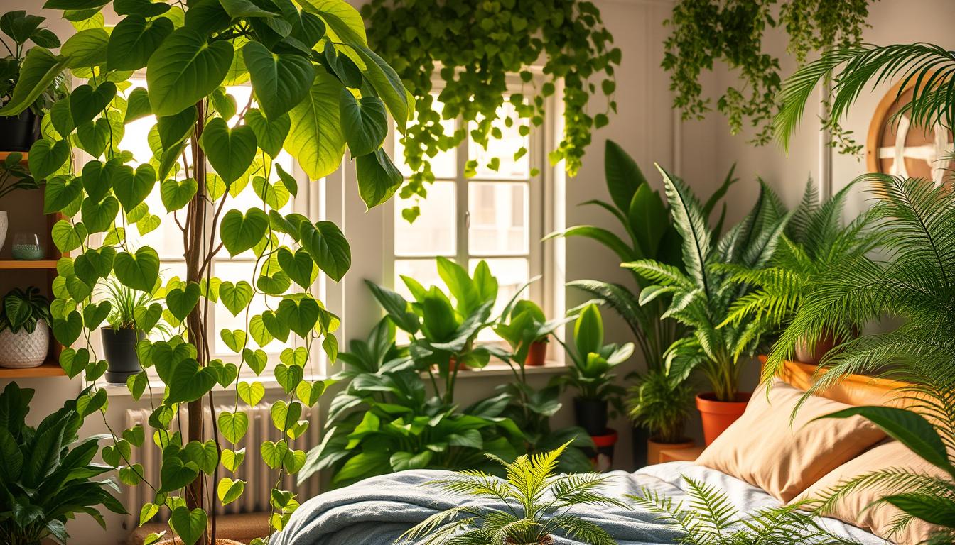 A cozy bedroom oasis, filled with a lush array of air-purifying plants. In the foreground, a vibrant fiddle-leaf fig tree stands tall, its glossy green leaves catching the warm, diffused lighting from the large windows. Flanking it, cascading pothos vines trail gracefully down shelves, their heart-shaped leaves creating a sense of natural abundance. In the middle ground, a cluster of thriving snake plants and ZZ plants add pops of verdant color, their architectural forms complementing the softer foliage. The background features a variety of ferns, their delicate fronds swaying gently, creating a serene, woodland-inspired ambiance. The overall scene exudes a tranquil, wellness-focused atmosphere, inviting one to relax and reconnect with the restorative power of nature.