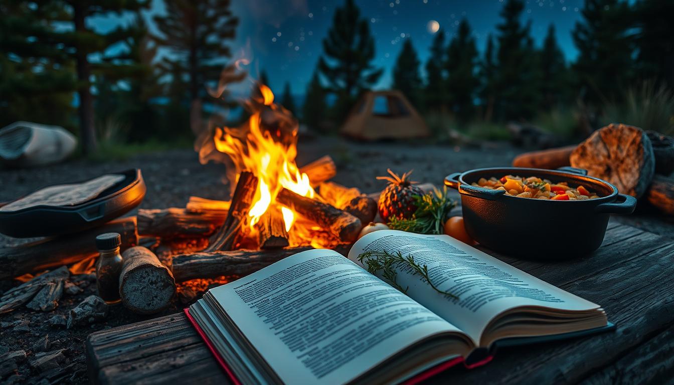 A cozy campfire crackling in the foreground, casting a warm glow on a rustic cast-iron pot bubbling with a vibrant stew. Nearby, an open cookbook rests on a weathered wooden surface, its pages fluttering in the gentle breeze. In the middle ground, an assortment of fresh, seasonal ingredients - herbs, vegetables, and spices - are arranged with care, inspiring culinary creativity. The background reveals a serene outdoor scene, with towering pine trees and a starry night sky, evoking a sense of adventure and connection with nature. The overall mood is one of nourishment, exploration, and the joy of simple, wholesome cooking over an open flame.