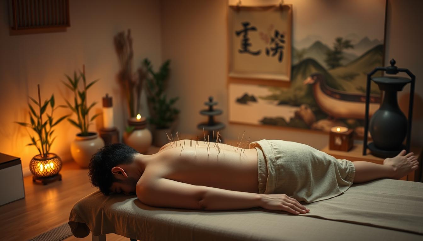 A cozy, dimly lit room with soft, warm lighting that sets a serene, calming atmosphere. In the foreground, a person lies comfortably on a padded table, their skin exposed as a skilled acupuncturist delicately inserts thin, vibrant needles along key meridian points across their body. The middle ground features traditional Chinese medicinal accents like bamboo plants, incense, and a water fountain, creating a tranquil, restorative ambiance. The background showcases a tranquil landscape painting, evoking a sense of harmony and balance. The overall scene conveys the holistic, therapeutic nature of an authentic acupuncture session.