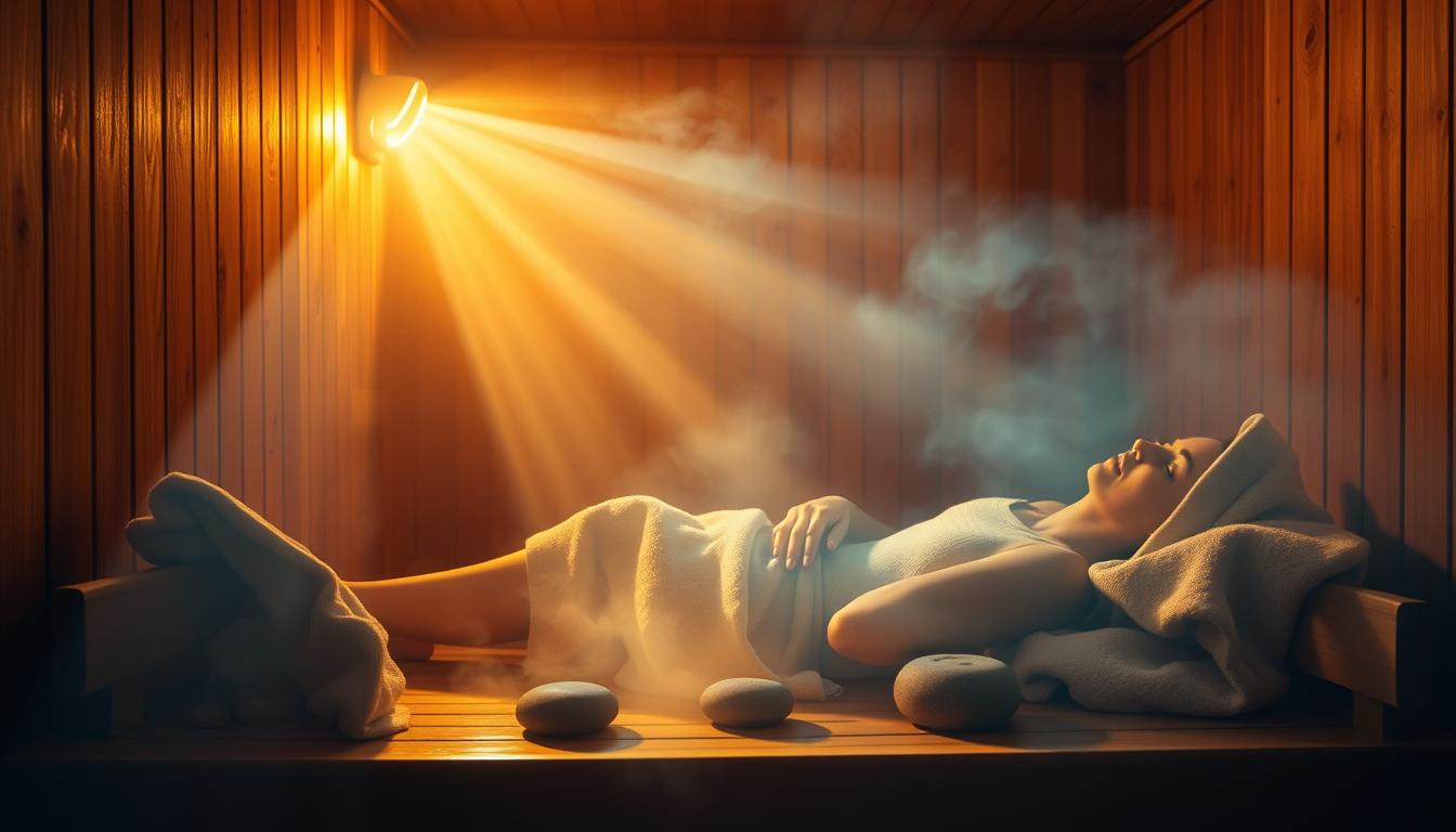 A cozy, dimly lit sauna interior bathed in a warm, golden glow. In the foreground, a person reclines on a wooden bench, wrapped in a soft towel, their face radiating contentment as they bask in the therapeutic heat. Beams of light filter through steam, casting a hazy, vibrant atmosphere. The middle ground features an array of stones glowing with residual heat, while the background showcases the clean, natural wood paneling and a glimpse of the sauna's exterior. The overall scene exudes a sense of relaxation, rejuvenation, and the tangible benefits of heat therapy for chronic conditions.