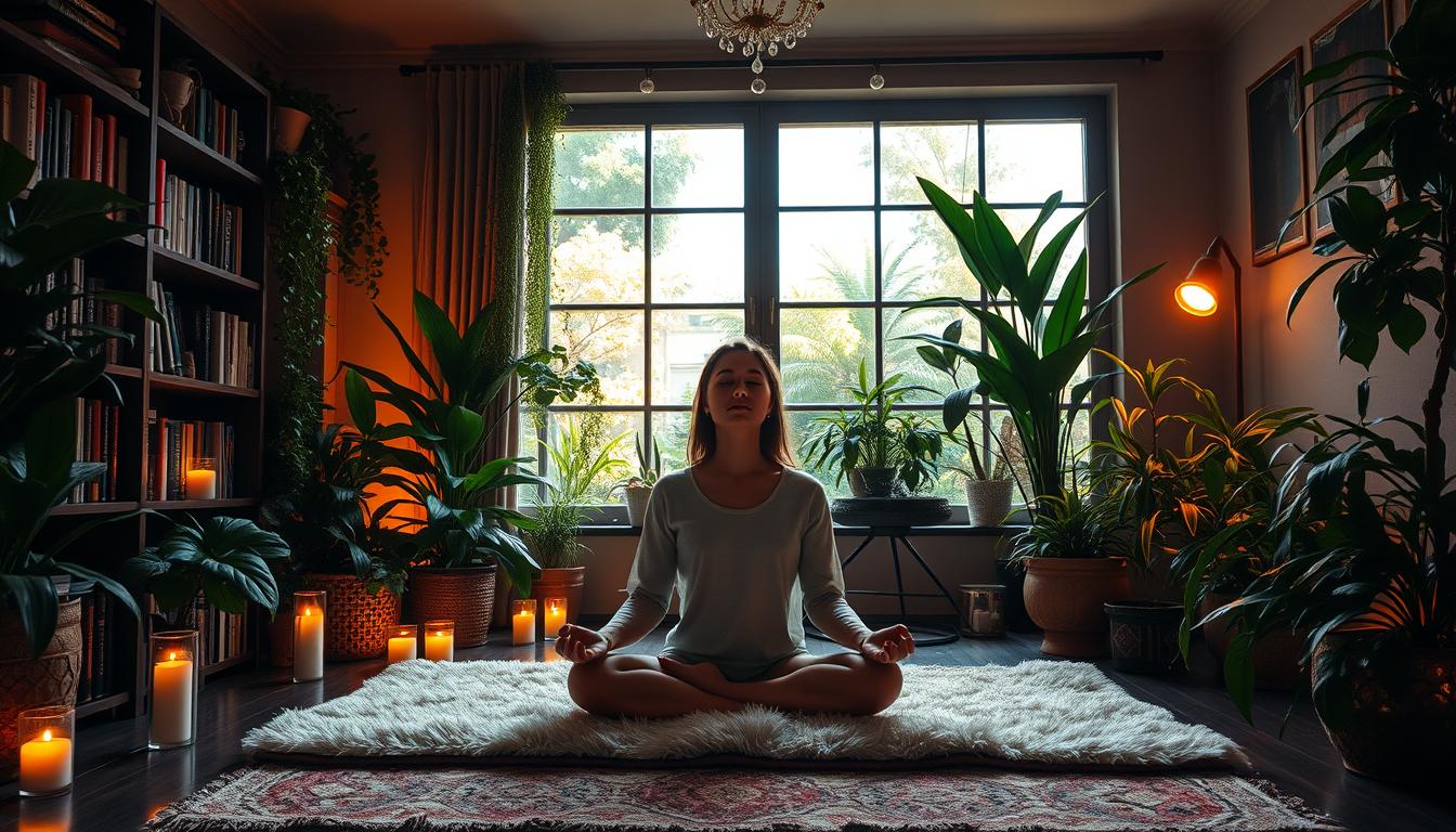 A cozy, dimly lit study with lush indoor plants and warm lighting. In the foreground, a person sits cross-legged on a plush rug, eyes closed in meditation, surrounded by candles and crystals. The middle ground features a bookshelf filled with self-help books and a tranquil water fountain. The background showcases a large window with a vibrant, sunlit garden visible beyond, creating a sense of serene escape. The atmosphere is one of introspection, balance, and rejuvenation. A cozy, dimly lit study with lush indoor plants and warm lighting. In the foreground, a person sits cross-legged on a plush rug, eyes closed in meditation, surrounded by candles and crystals. The middle ground features a bookshelf filled with self-help books and a tranquil water fountain. The background showcases a large window with a vibrant, sunlit garden visible beyond, creating a sense of serene escape. The atmosphere is one of introspection, balance, and rejuvenation.