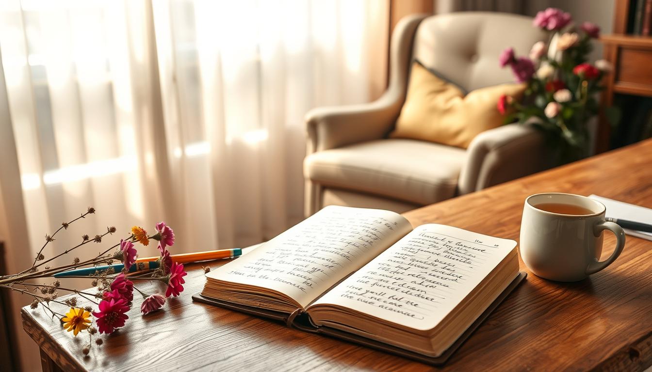 A cozy home office with a wooden desk, a plush armchair, and soft natural lighting filtering through sheer curtains. On the desk, an open journal with flowing cursive script, surrounded by colorful pens, dried flowers, and a steaming mug of tea. The atmosphere is serene and reflective, conveying the mental clarity and well-being fostered by the act of journaling. The vibrant hues of the flowers and the warm tones of the wood create a calming, nurturing environment conducive to self-exploration and emotional expression.