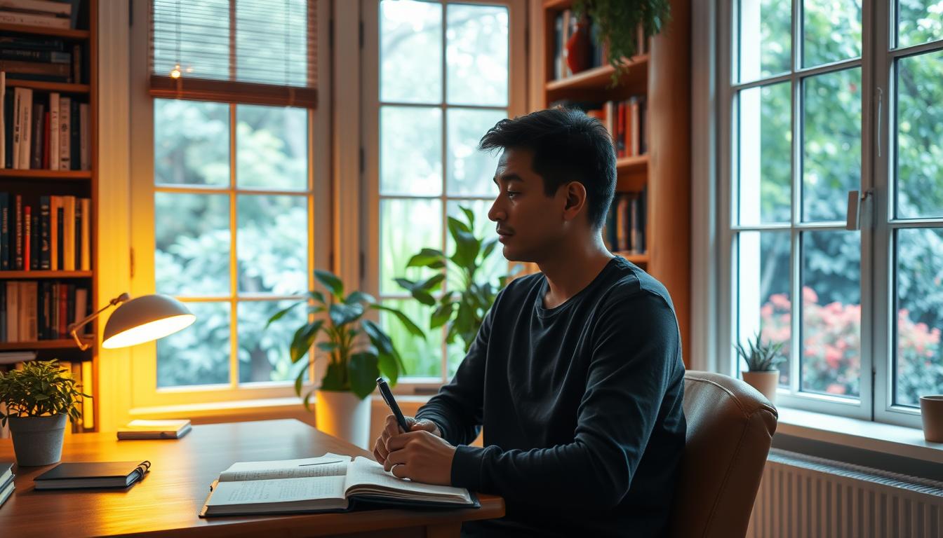 A cozy home office, with warm golden lighting and a wooden desk. In the foreground, a person sits comfortably, journal open and pen in hand, deep in contemplation. Surrounding them, bookshelves filled with knowledge, a houseplant adding a touch of nature, and a window overlooking a vibrant, lush garden. The atmosphere is one of calm focus, inviting the viewer to pause and reflect, as they embark on their own journaling journey. The scene exudes a sense of tranquility and mindfulness, perfectly capturing the essence of starting a vibrant, lasting journaling practice.