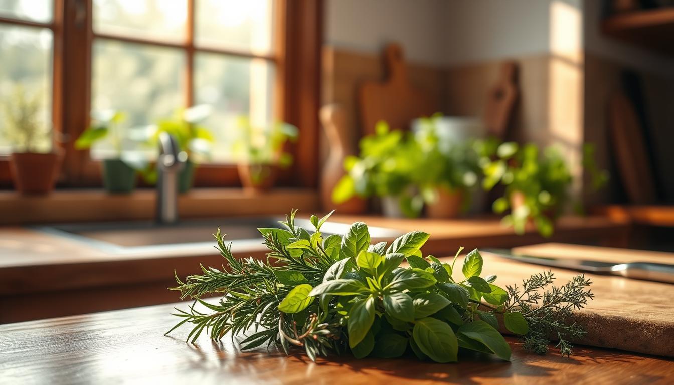 A cozy kitchen counter, bathed in warm, natural light from a large window. On the surface, an array of low-carb herbs - fragrant rosemary, vibrant basil, and earthy thyme - arranged artfully. Nearby, a chef's knife and a wooden cutting board, the blade glistening. In the background, a blurred view of a lush herb garden, its verdant leaves swaying gently. The overall atmosphere is one of culinary inspiration and the promise of flavorful, healthy meals.