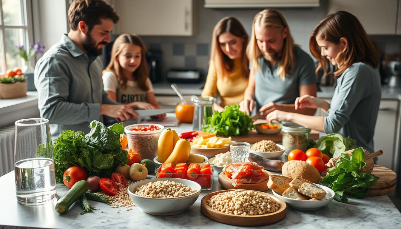 A cozy kitchen counter with an array of fresh, wholesome ingredients laid out - colorful vegetables, whole grains, lean proteins, and a glass of refreshing water. A family gathers around, chopping, mixing, and collaborating to prepare a hearty, low-carb meal. Soft, natural lighting filters through the window, casting a warm glow on their faces as they work together. The overall scene exudes a sense of mindfulness, health, and togetherness, reflecting the theme of "Family-Friendly Adaptations" for the busy household.