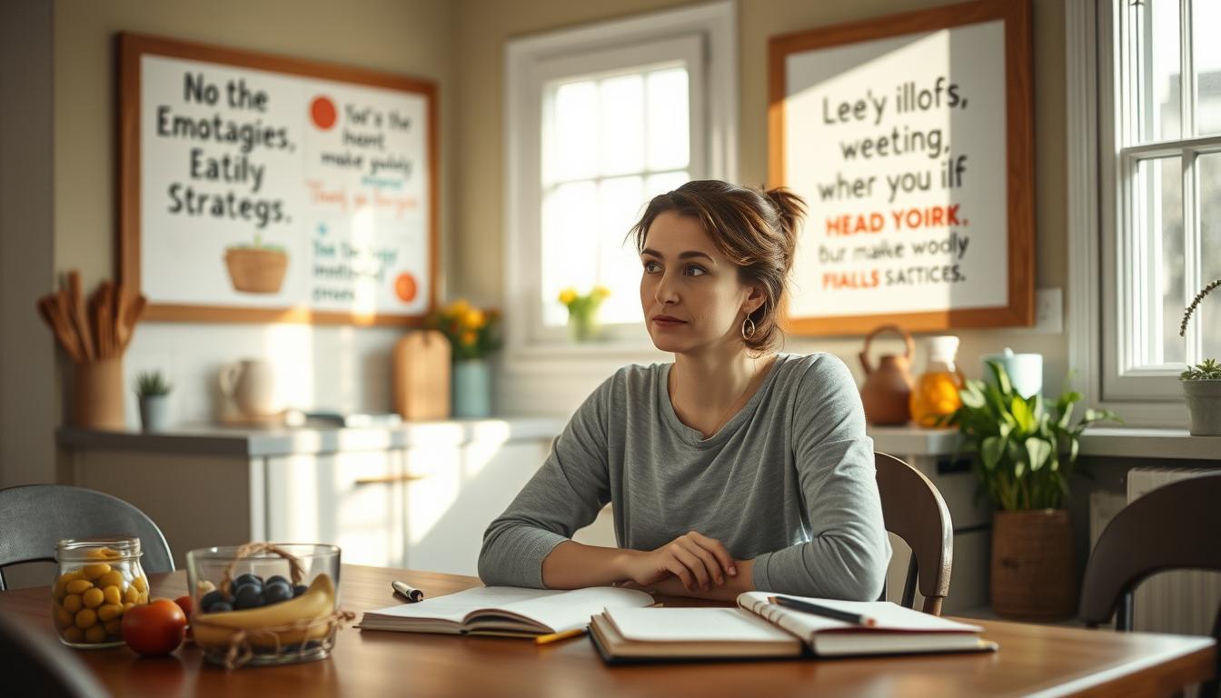 A cozy kitchen scene with a woman sitting at a table, deep in thought, surrounded by healthy snacks and a journal. Soft natural lighting filters through the window, casting a warm glow. The woman's expression is pensive, yet determined, as she contemplates positive strategies to manage emotional eating. In the background, a bulletin board displays inspiring quotes and reminders, guiding her journey towards mindful, intentional eating. The overall atmosphere is vibrant, inviting, and conducive to self-reflection and growth. A cozy kitchen scene with a woman sitting at a table, deep in thought, surrounded by healthy snacks and a journal. Soft natural lighting filters through the window, casting a warm glow. The woman's expression is pensive, yet determined, as she contemplates positive strategies to manage emotional eating. In the background, a bulletin board displays inspiring quotes and reminders, guiding her journey towards mindful, intentional eating. The overall atmosphere is vibrant, inviting, and conducive to self-reflection and growth.