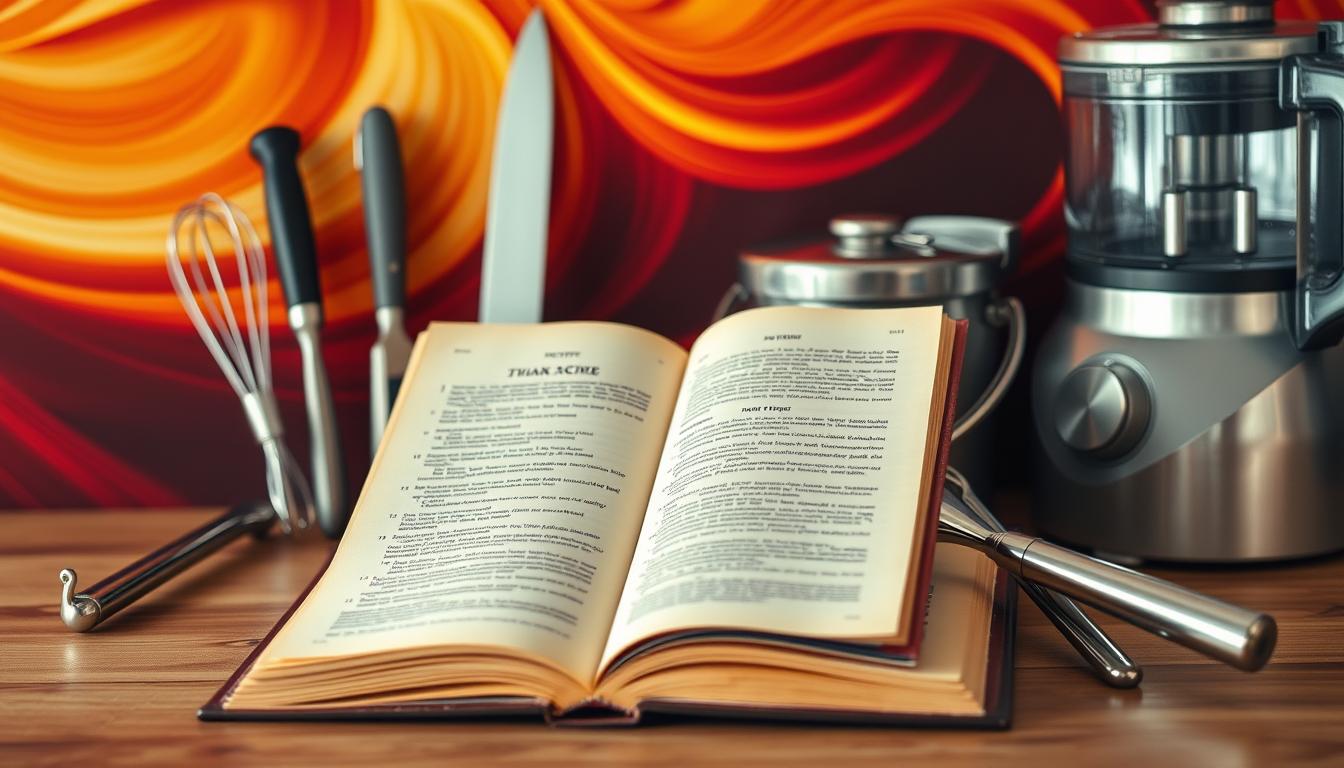 A cozy kitchen scene with an open recipe book and various time-saving kitchen tools arranged neatly on a wooden countertop. The book pages are slightly yellowed, suggesting a well-loved collection of recipes. Surrounding the book are a set of shiny stainless steel kitchen utensils, including a sleek chef's knife, a sturdy whisk, and a compact food processor. The lighting is warm and inviting, casting a gentle glow across the scene. The background features vibrant swirling colors in shades of orange, red, and yellow, creating a sense of movement and energy. The overall composition suggests a harmonious blend of efficiency, organization, and culinary inspiration.