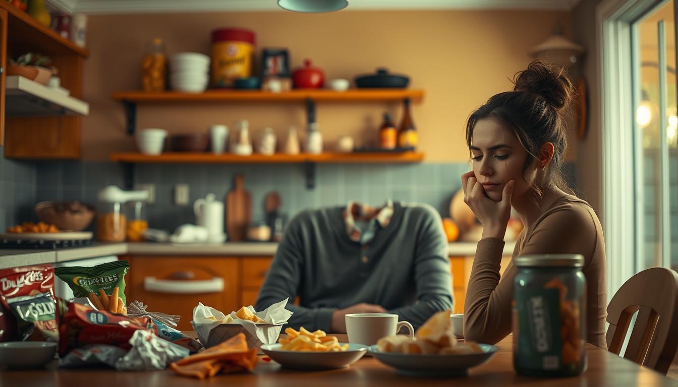 A cozy kitchen setting, bathed in warm, vibrant lighting. In the foreground, a woman sits at a table, her face expressing a mix of emotions - frustration, sadness, and a yearning for comfort. Surrounding her are various snacks and comfort foods, a visual representation of the internal struggle with emotional eating. In the middle ground, shelves filled with healthy ingredients and kitchen tools suggest potential interventions and mindful alternatives. The background fades into a serene, contemplative atmosphere, hinting at the importance of pausing and reconnecting with one's inner self during moments of craving and emotional vulnerability.