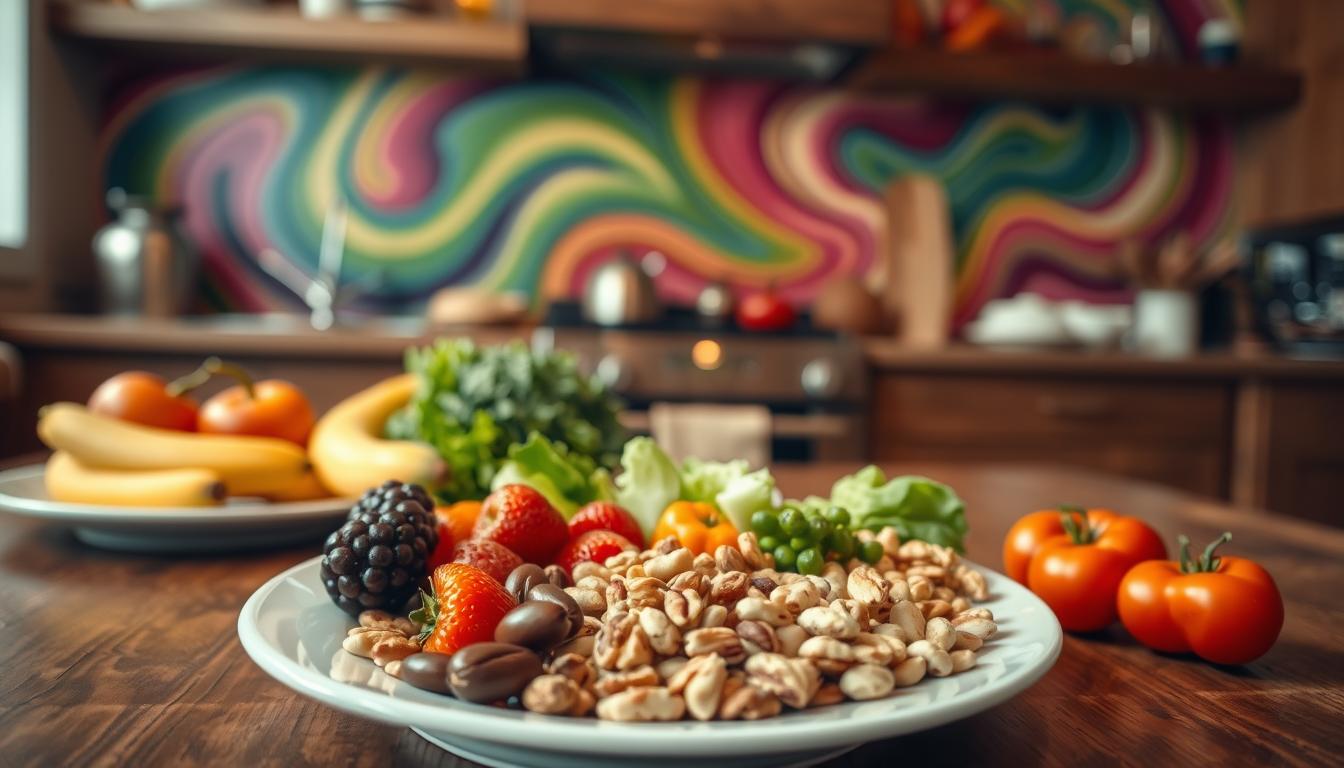 A cozy kitchen setting with healthy snack options arranged artfully on a wooden table. In the foreground, a plate showcases an assortment of fresh fruits, vegetables, and nuts. Vibrant swirling colors in the background create a sense of movement and energy, hinting at the satisfying flavors and textures of the wholesome alternatives. Warm lighting from above casts a soft glow, inviting the viewer to indulge in these healthy cravings control strategies.