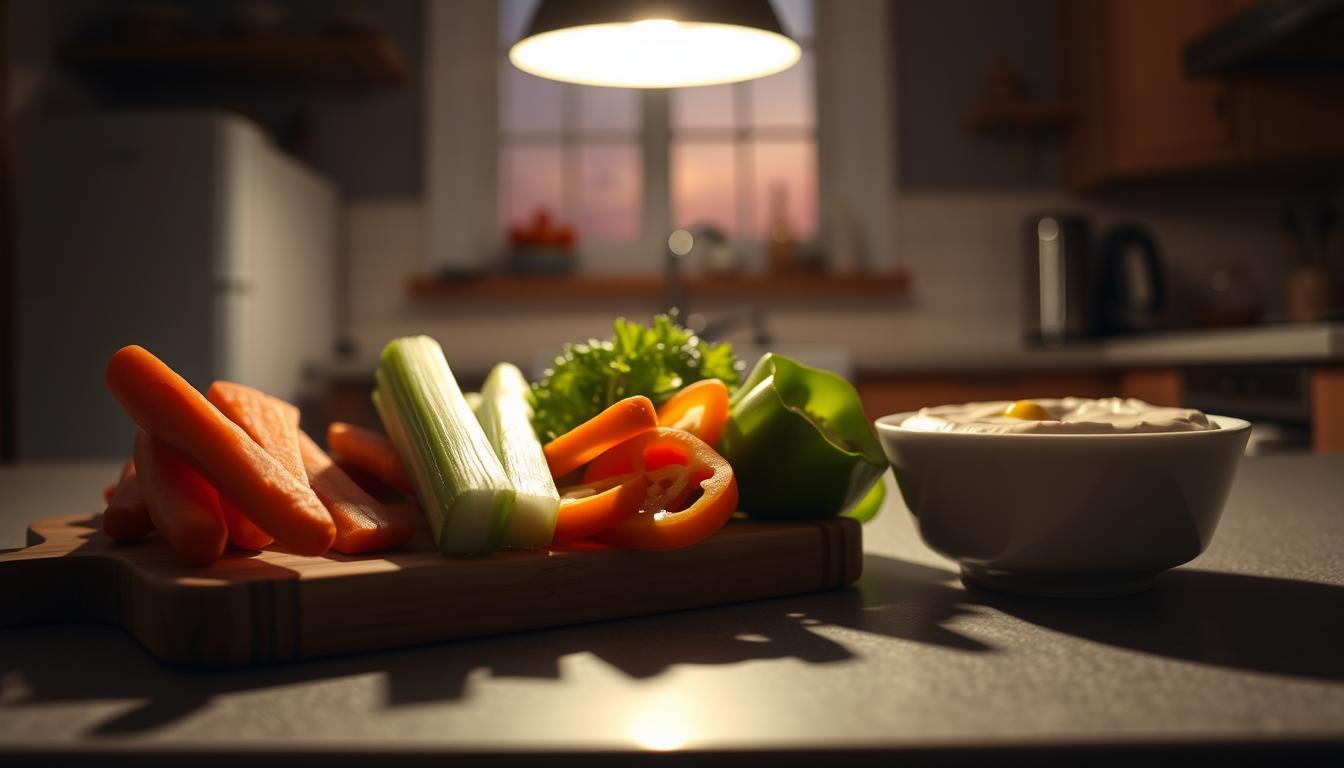 A cozy late-night kitchen scene, dimly lit by a single pendant light. In the foreground, a wooden cutting board holds an assortment of fresh vegetables - carrot sticks, celery, cucumber, and bell pepper slices. Next to the board, a small white bowl overflows with creamy hummus, its surface swirled with a drizzle of olive oil. The vegetables cast long, vibrant shadows across the countertop, creating a sense of depth and texture. In the background, the faint silhouette of a kitchen window hints at the late hour, while the warm glow of the light washes over the entire scene, evoking a cozy, intimate atmosphere.