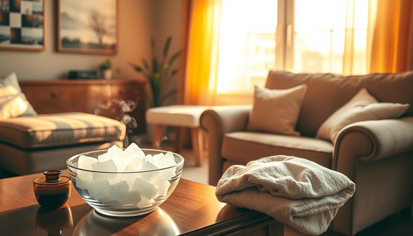 A cozy living room with a plush armchair and a footrest, bathed in warm, golden light. On the coffee table, a bowl of ice cubes and a steaming hot compress, showcasing the contrasting elements of heat and ice therapy for pain relief. The walls are adorned with soothing, nature-inspired artwork, creating a serene and rejuvenating atmosphere. Soft, vibrant textures throughout the scene, inviting the viewer to imagine the calming and restorative effects of this natural pain relief remedy.