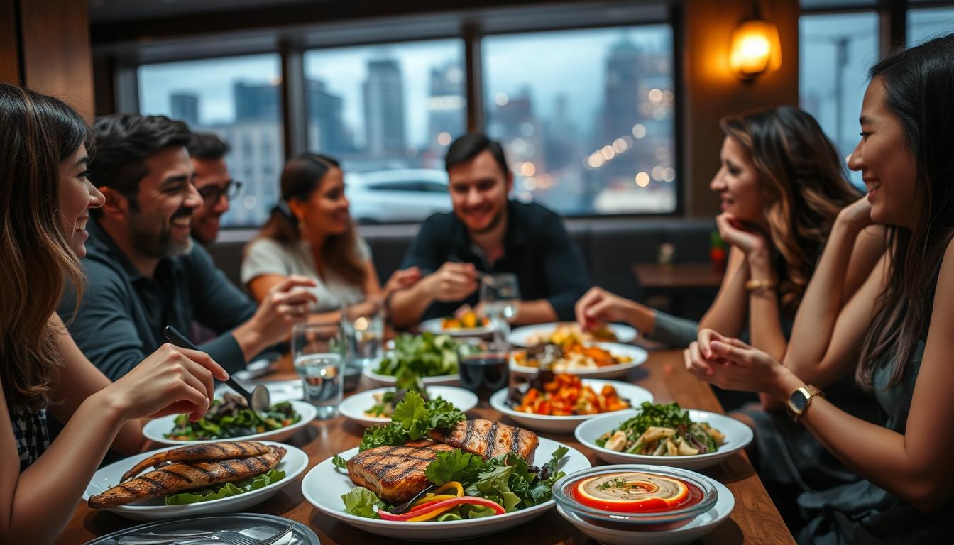 A cozy restaurant setting with friends gathered around a low-carb meal, engaged in lively conversation. In the foreground, a table adorned with fresh greens, grilled protein, and vibrant swirling colors of healthy sides. Soft lighting casts a warm glow, capturing the social atmosphere as they navigate the challenges of maintaining dietary choices while dining out. In the background, a blurred cityscape view through large windows, hinting at the bustling urban environment beyond the intimate gathering.