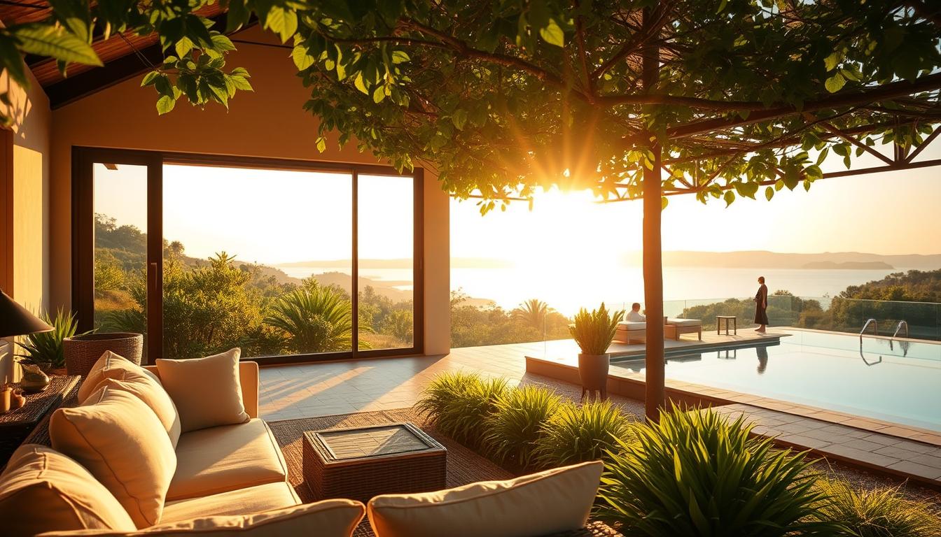 A cozy, sun-drenched wellness retreat nestled in a vibrant, verdant landscape. In the foreground, a serene outdoor lounge area with plush, earthy-toned furnishings invites tranquil relaxation. The middle ground features a well-appointed yoga studio, its large windows offering panoramic views of the surrounding lush greenery. In the background, a luxurious spa with a shimmering infinity pool reflects the warm, golden light of the setting sun, creating a calming, restorative atmosphere. The entire scene is suffused with a sense of harmony and balance, a true sanctuary for the body and mind.
