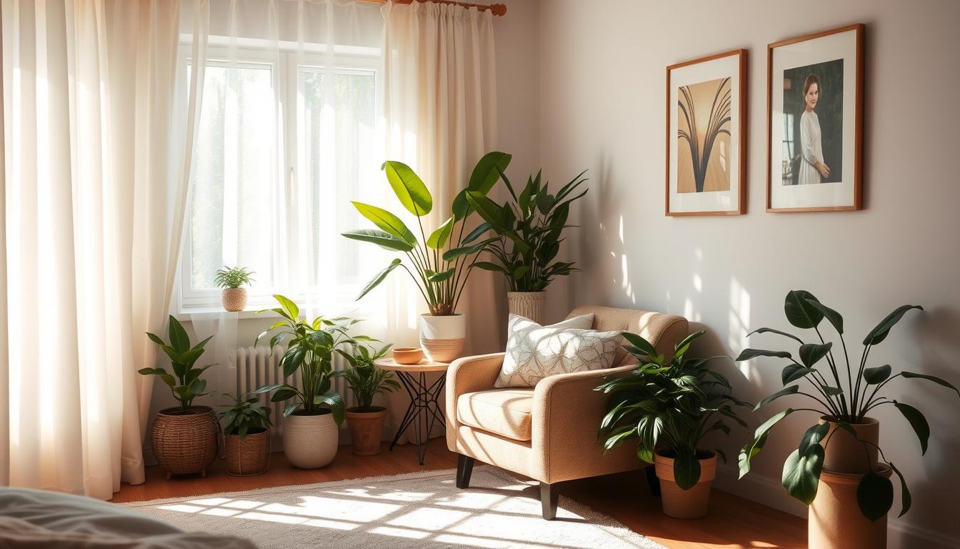 A cozy, sunlit bedroom corner with a plush armchair and side table, surrounded by lush potted plants and soothing artwork on the walls. Soft, diffused lighting filters through sheer curtains, creating a tranquil ambiance. The scene exudes a vibrant, rejuvenating atmosphere, inviting one to settle in and unwind amidst the calming, natural elements.