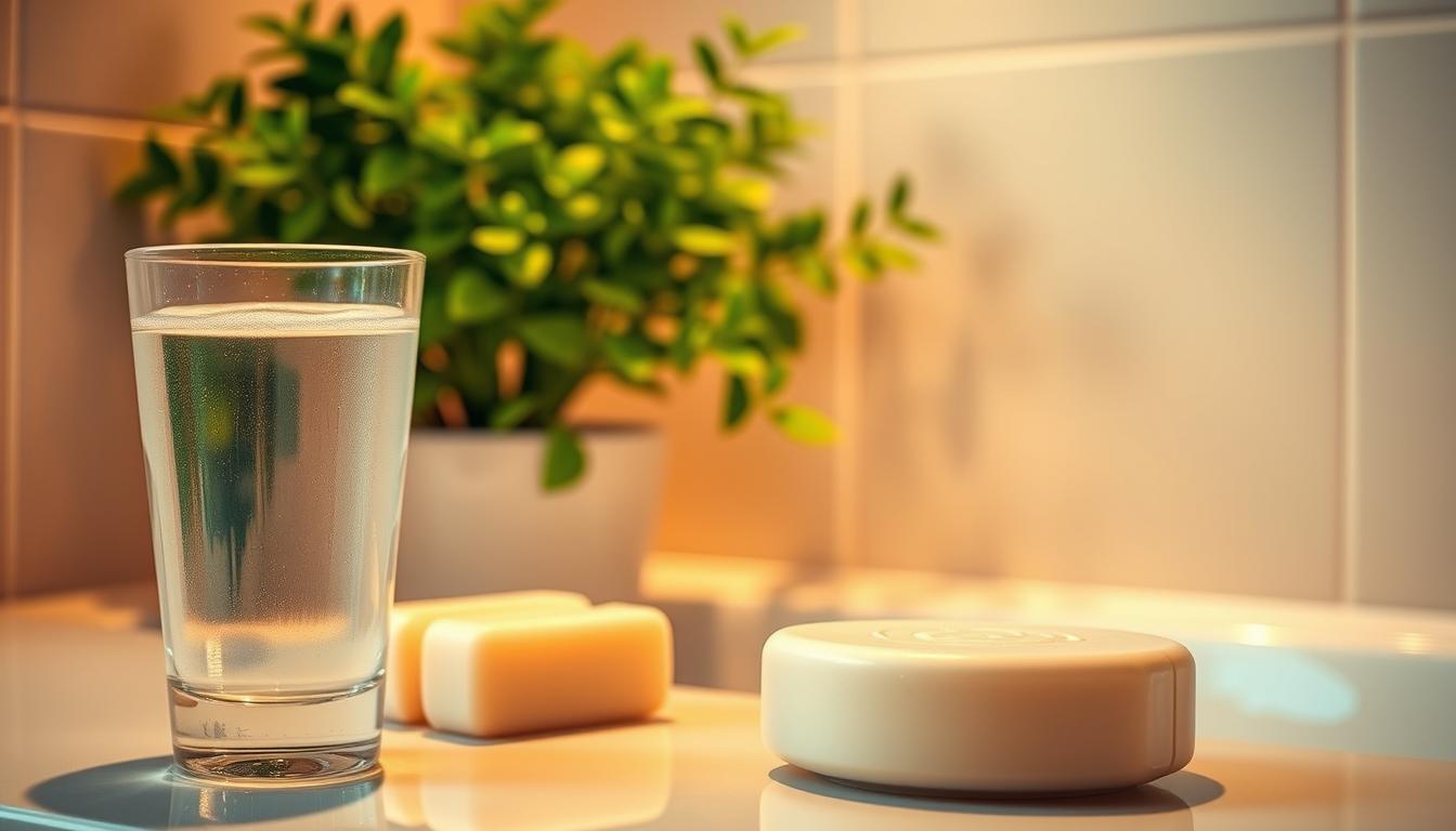 A cozy, well-lit bathroom setting with a central focus on a glass of crystal-clear water and a bar of fragrant, natural soap. In the foreground, the water and soap symbolize hydration and hygiene, with their clean, reflective surfaces evoking a sense of purity and wellness. In the middle ground, a lush, verdant potted plant adds a vibrant, natural touch, hinting at the rejuvenating power of nature. The background features a minimalist, soothing tile wall, bathed in warm, diffuse lighting that creates a calming, spa-like ambiance. The overall scene conveys a sense of balance, simplicity, and a connection to the natural world, emphasizing the importance of basic self-care for immune health.