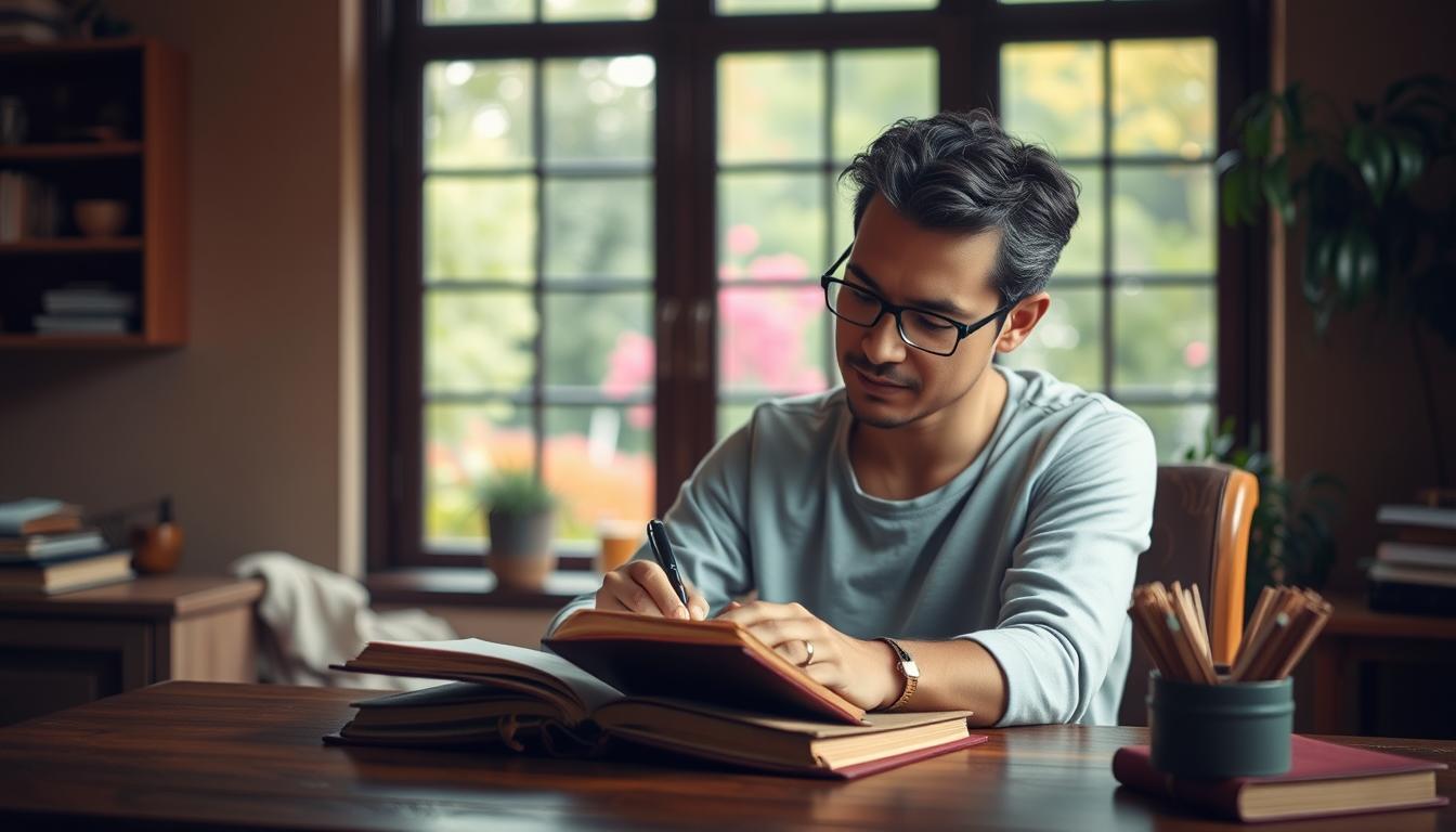 A cozy, well-lit home office scene with a person sitting at a wooden desk, deeply immersed in writing in a leather-bound journal. The background features soft, earthy tones, with a large window overlooking a lush, vibrant garden. Warm, diffused lighting creates a serene, contemplative atmosphere. The person's expression is one of introspection and self-discovery, with a sense of calm focus. The overall composition conveys a sense of personal growth, reflection, and the transformative power of journaling.