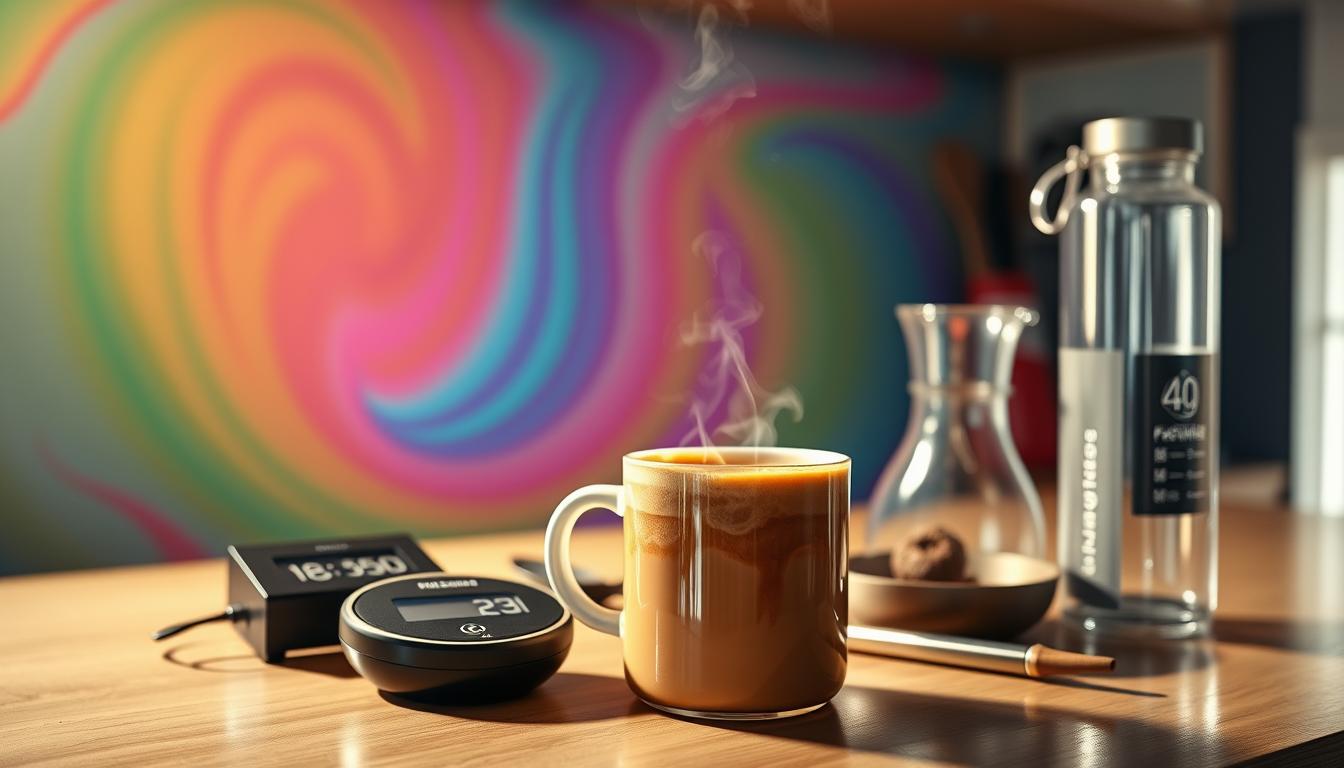 A cozy, well-lit kitchen counter with a steaming mug of bulletproof coffee taking center stage. Swirling vibrant colors of varying hues surround the mug, creating a captivating, dreamlike atmosphere. Alongside the coffee, a selection of fasting tools and accessories are neatly arranged, including a digital timer, a glass carafe, and a sleek water bottle. The lighting is soft and warm, casting a gentle glow over the scene, emphasizing the importance of the ritual. The angle is slightly elevated, allowing the viewer to appreciate the harmonious composition of the elements. The overall mood is one of focus, mindfulness, and a sense of personal wellness.