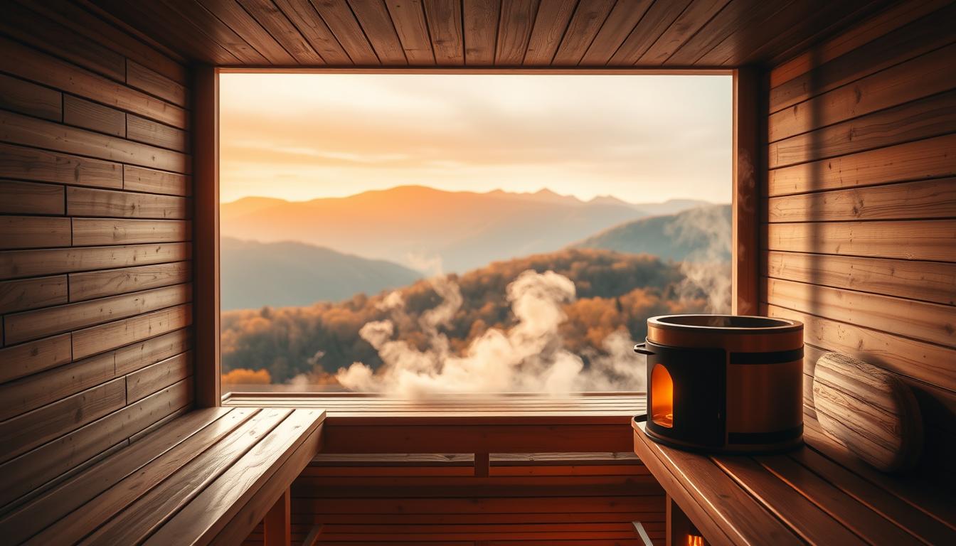 A cozy, well-lit sauna interior with a warm, inviting atmosphere. The foreground features a wooden bench and a stove radiating a gentle, amber glow. In the middle ground, wisps of steam rise, creating a soothing, therapeutic ambiance. The background showcases a panoramic view of a serene, mountainous landscape, bathed in vibrant, golden hues. The lighting is soft and diffuse, casting a tranquil, restorative mood. The overall scene conveys the longevity benefits of regular sauna sessions, with a harmonious blend of rustic charm and natural splendor.