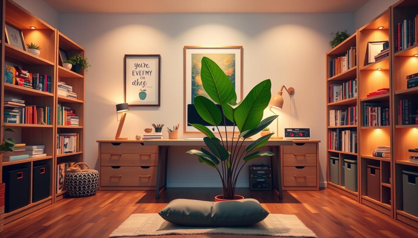 A cozy, well-organized home office with strategic storage solutions, inspiring artwork, and healthy snacks readily available. Soft, warm lighting illuminates the space, creating a focused yet calming atmosphere. A large, sturdy desk serves as the centerpiece, flanked by tall, sleek bookshelves stocked with self-help resources. In the foreground, a vibrant, leafy plant adds a touch of nature, while a meditation cushion on the floor suggests opportunities for mindful breaks. The overall scene conveys a vibrant, craving-resistant environment that supports productivity, wellbeing, and self-control. A cozy, well-organized home office with strategic storage solutions, inspiring artwork, and healthy snacks readily available. Soft, warm lighting illuminates the space, creating a focused yet calming atmosphere. A large, sturdy desk serves as the centerpiece, flanked by tall, sleek bookshelves stocked with self-help resources. In the foreground, a vibrant, leafy plant adds a touch of nature, while a meditation cushion on the floor suggests opportunities for mindful breaks. The overall scene conveys a vibrant, craving-resistant environment that supports productivity, wellbeing, and self-control.